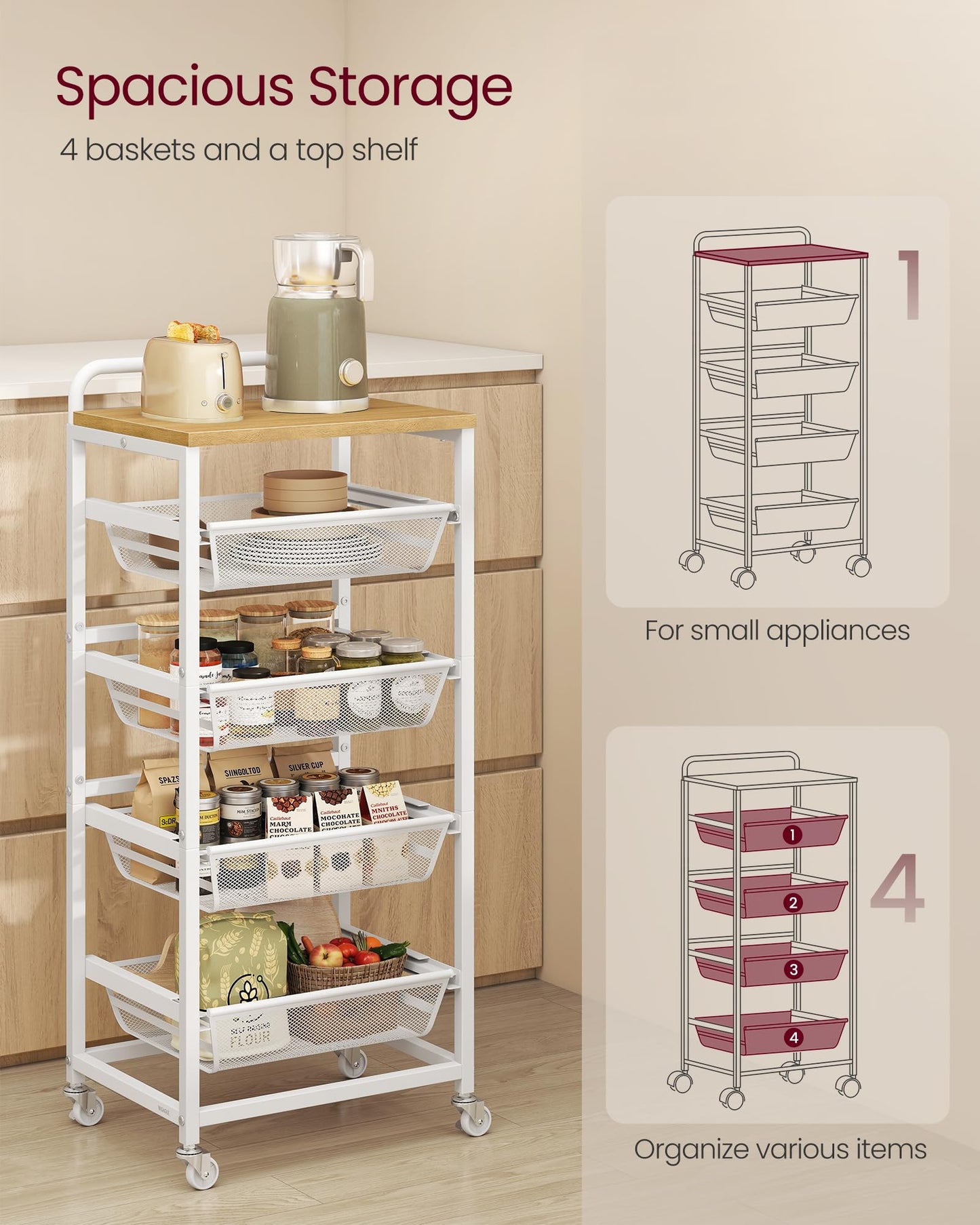 VASAGLE Storage Rolling Cart with Pull-Out Baskets, 5-Tier Utility Cart Orgnizer with Wheels for Laundry Room, Kitchen, Handle, 12.5 x 15.8 x 37.4 Inches, Golden Oak and Matte White ULRC041YA01