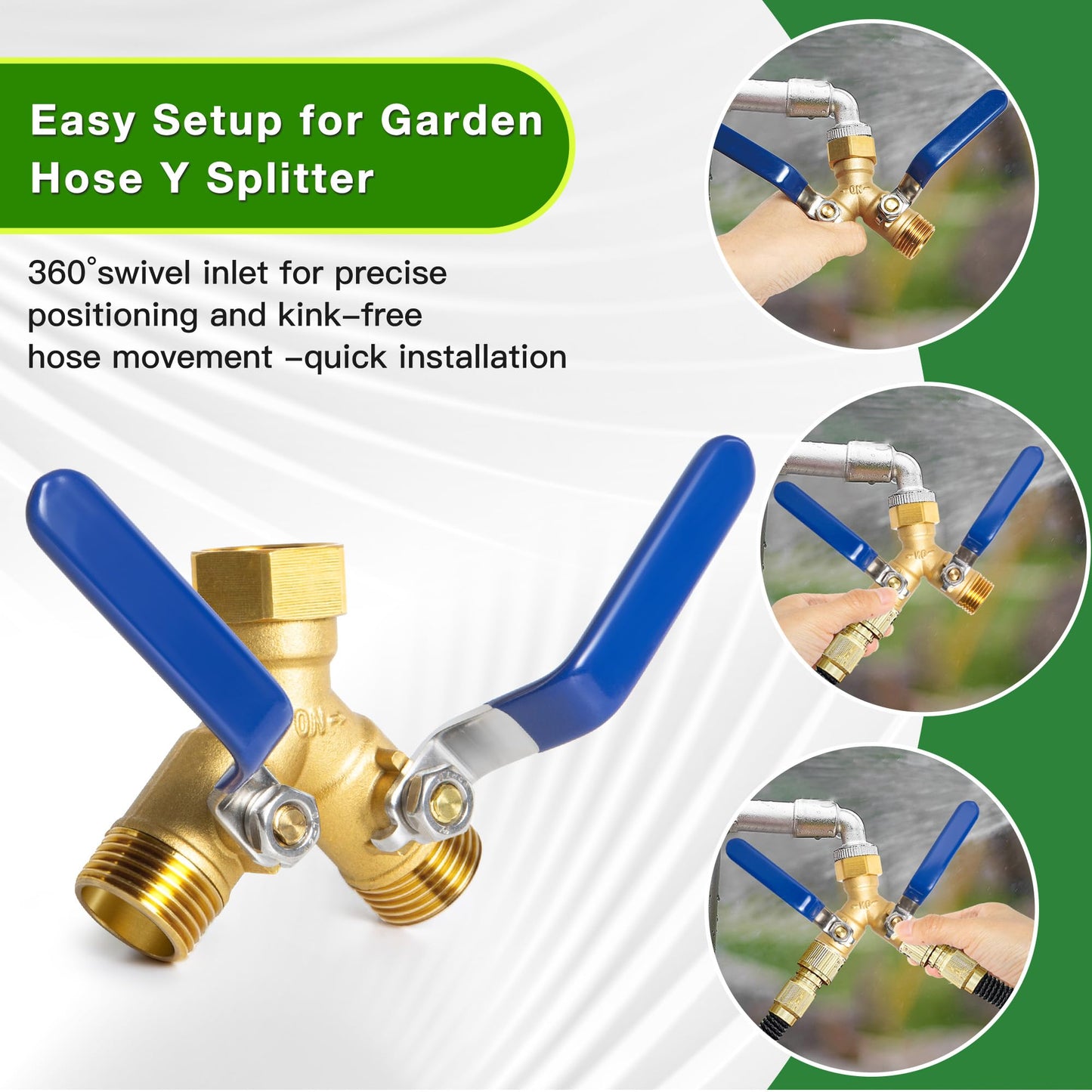 Garden Hose Splitter 2 Way, Solid Brass Water Hose Splitter with 304 Stainless Steel Handle, 3/4" GHT Thread Leak-Proof Y Valve for Outdoor Faucet Lawn, Irrigation & Washing