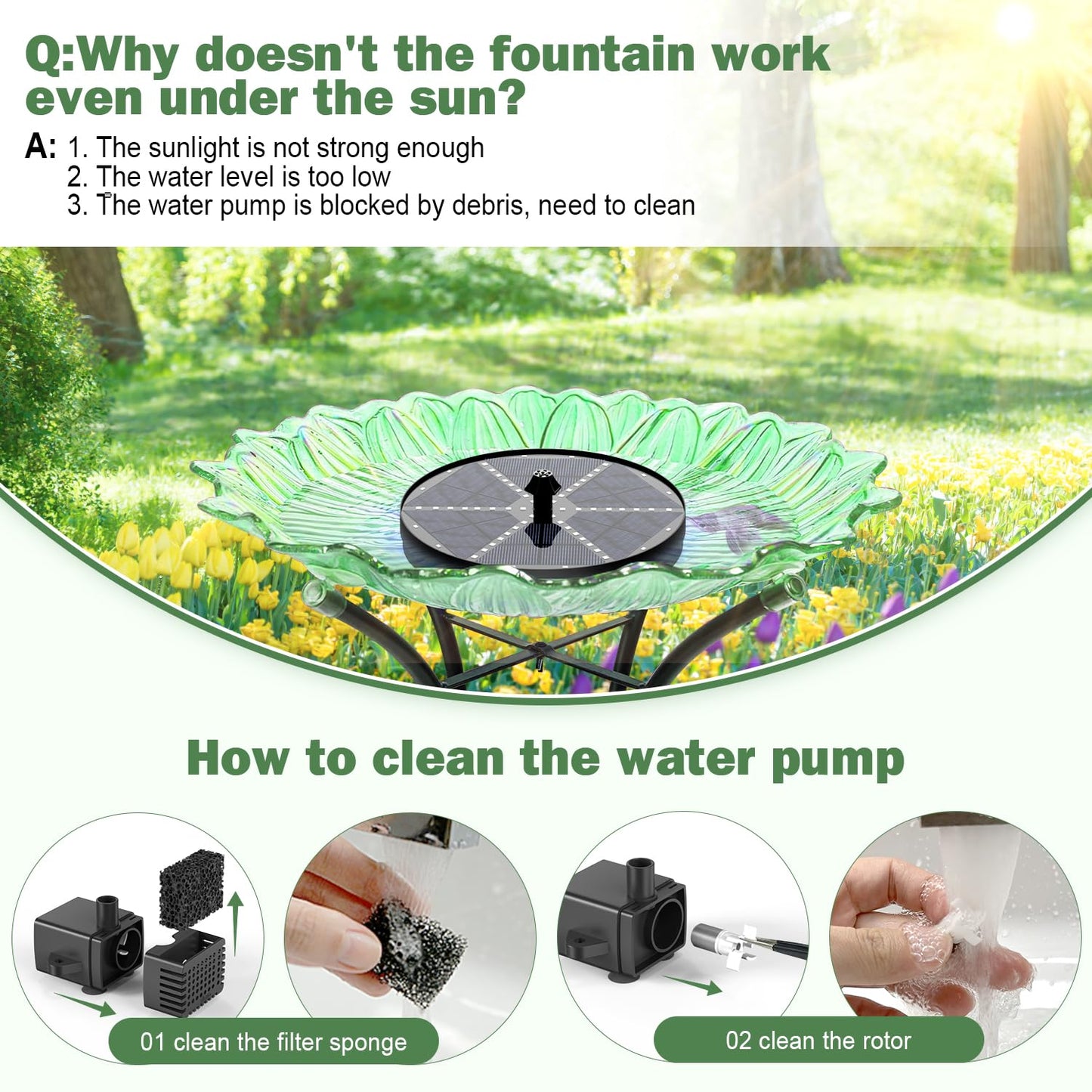 Yzert Upgraded Solar Fountain Bird Bath with 60 LED Lights, Solar Powered Water Fountain Pump with 4000mAh Battery 7 Nozzles 4 Fixers, for Garden Patio Pond Birdbath Pool