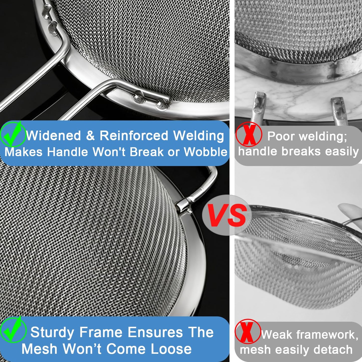 Tonbbow Large Fine Mesh Strainer with Sturdy Handle, 8.66” Stainless Steel Strainers, Bonus 20x20 Inch Reusable Cotton Cheese Cloths with 4 Hemmed Edges, Sieve Sifter for Straining, Cooking, Baking