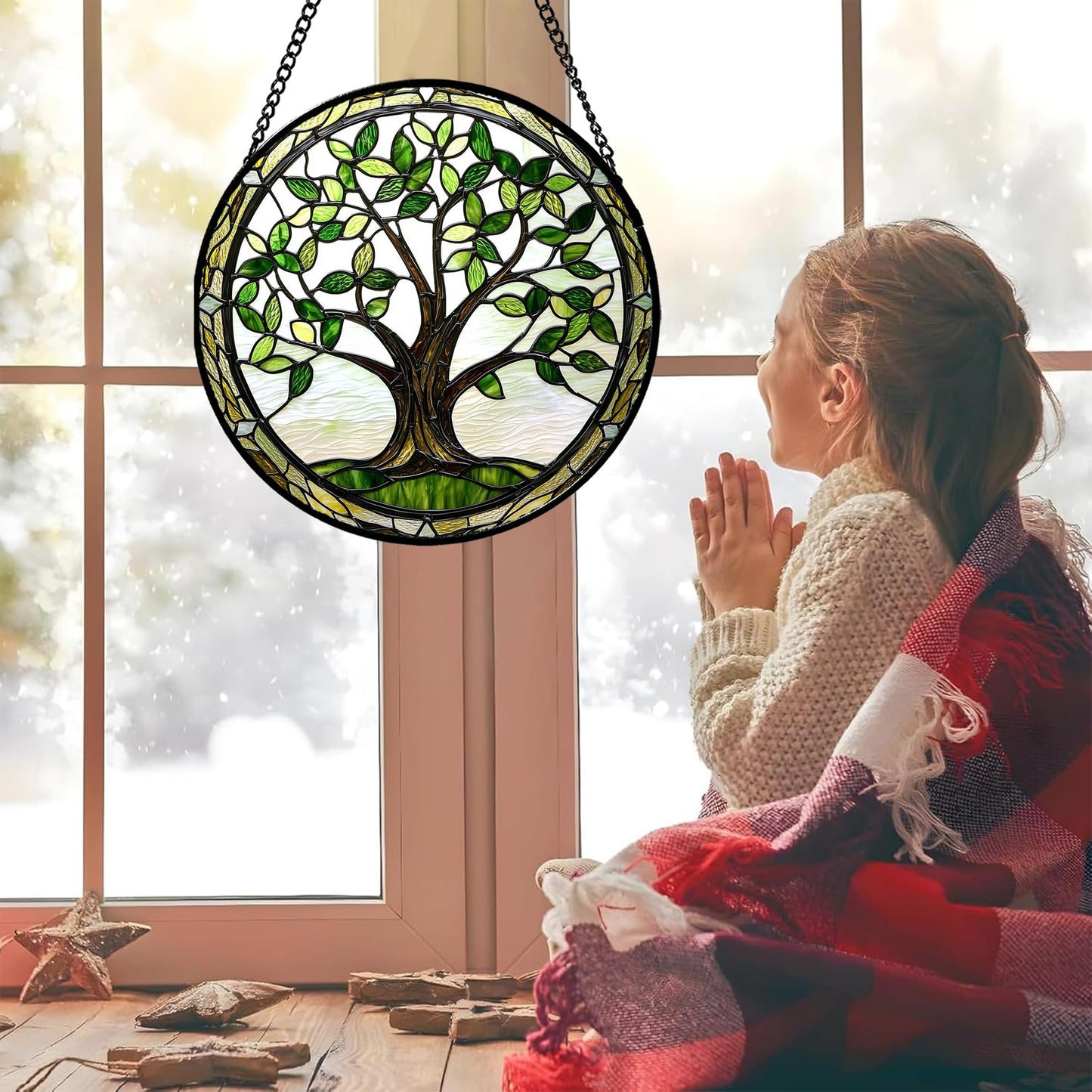 AMDERVEN Stained Glass Window Hanging - Brown Tree Trunk Green Leaves Sun Catcher for Door Garden Home Decor Plant Suncatcher Christmas Mother's Day Birthday Gifts for Women Men Mom Nana 7.8 in