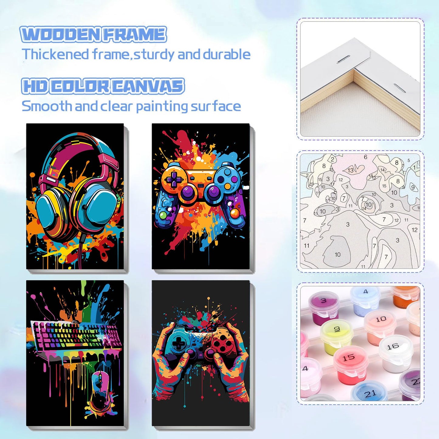 bleihum 4 Pack Paint by Numbers Kit for Kids with Frame Wooden Easel, Video Game Paint by Number Canvas, Controller Painting by Numbers Gifts for Gamers Teen Boys Room Decor 8x12 Inch
