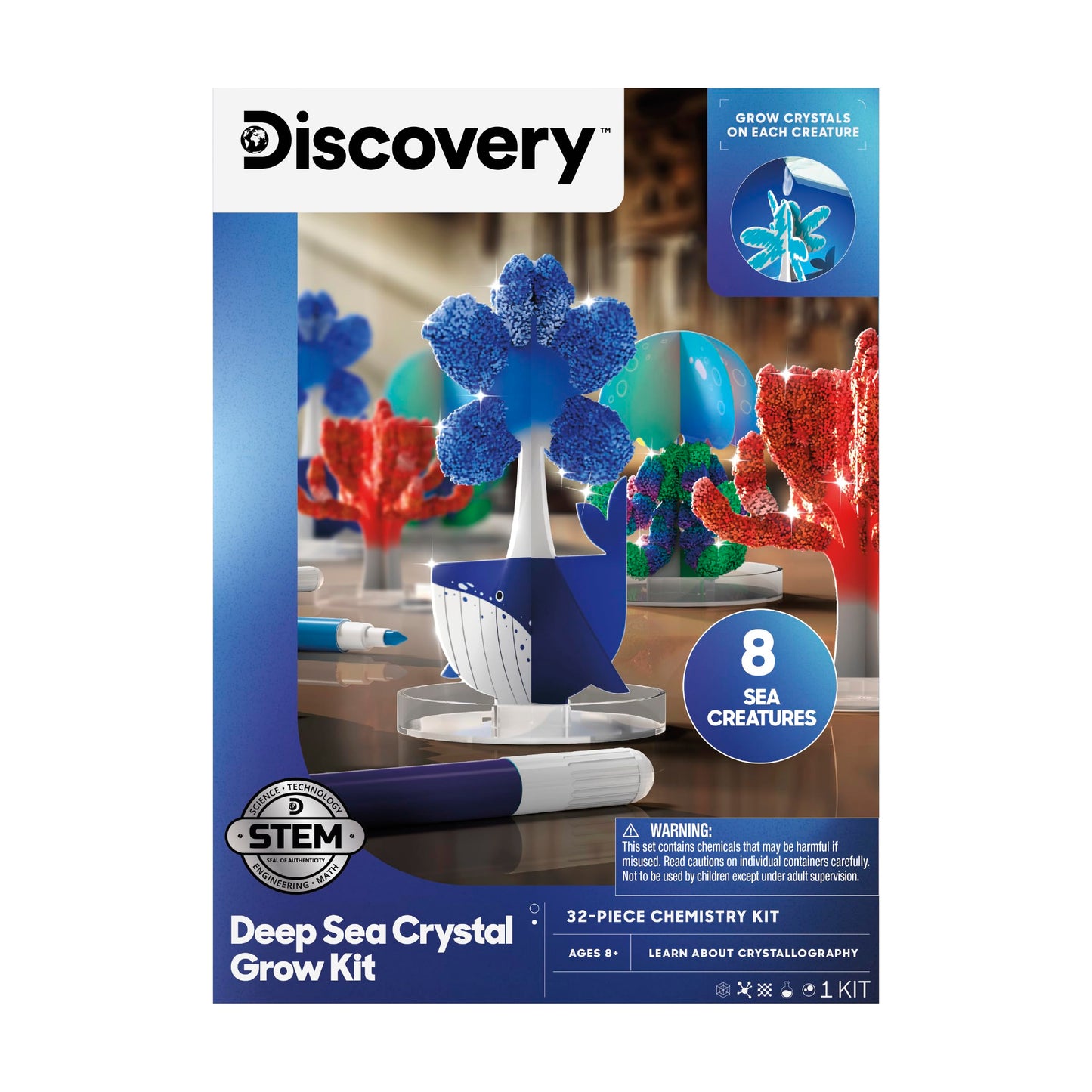 Discovery™ Deep Sea Crystal Grow Kit – 32-Piece STEM Chemistry Lab for Kids| Grow Colorful Crystals on 8 Sea Creatures| Educational Craft Kit with Art Supplies| DIY Science Activity Set Gift| Ages 8+
