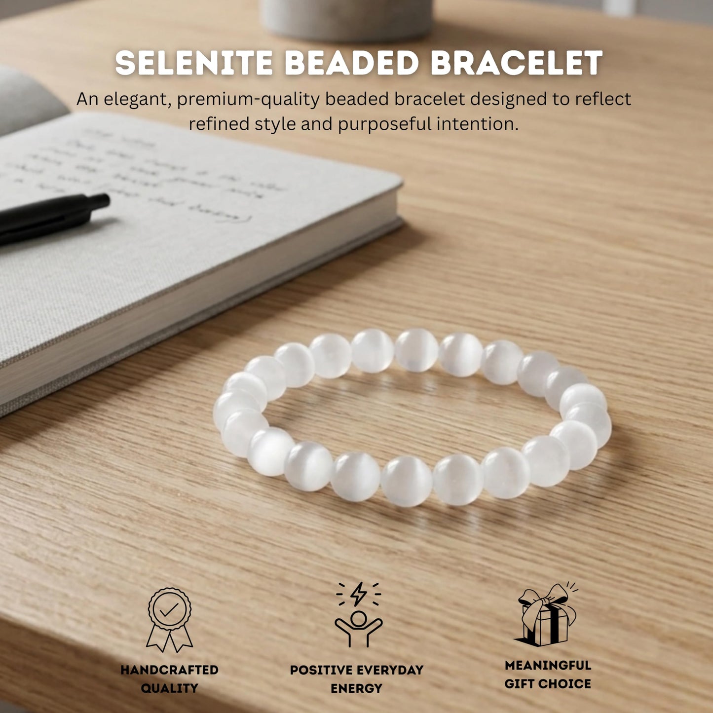 Cherry Tree Collection Selenite Beaded Bracelet – Genuine 8mm Gemstone Stretch Bracelet for Men & Women – Handmade Crystal Bracelet - (Selenite - S)