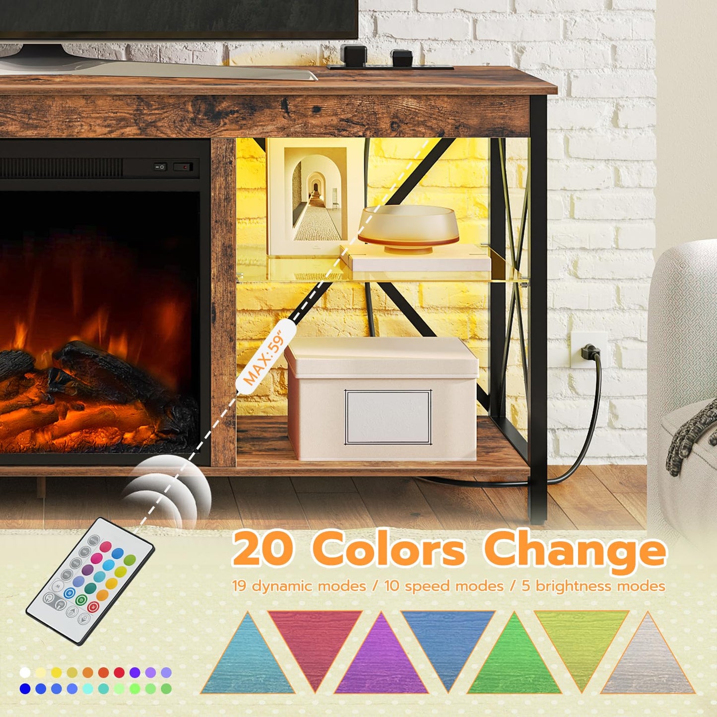 HOOBRO Fireplace TV Stand with Charging Station and LED Lights, TV Stand with Fireplace for TVs up to 65", Entertainment Center with Fireplace, Glass Shelves, Rustic Brown and Black BF140UDDS01