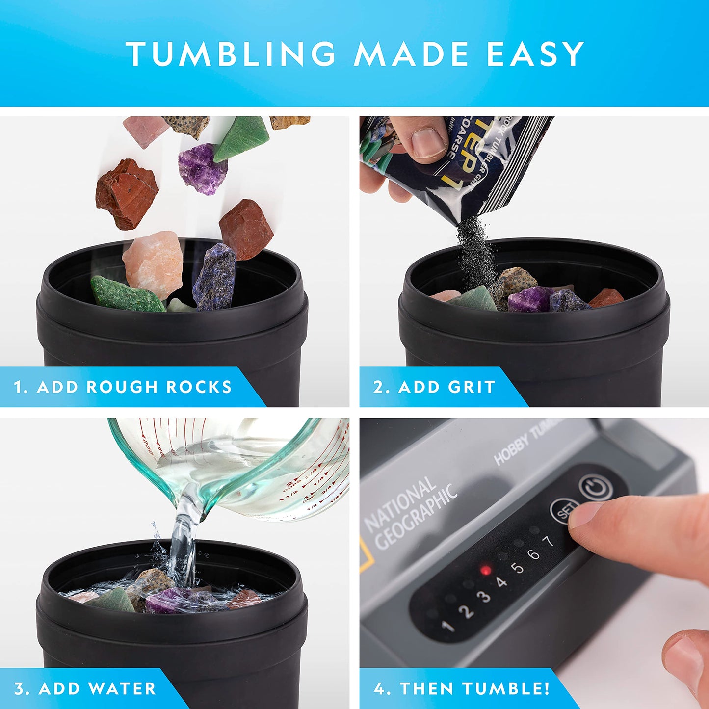 NATIONAL GEOGRAPHIC Rock Tumbler Refill Kit - 1 Lb. Gemstone Mix of 9 Varieties including Tiger's Eye, Amethyst and Quartz - Comes with 4 grades of Polishing Grit, Jewelry Fastenings, Learning Guide