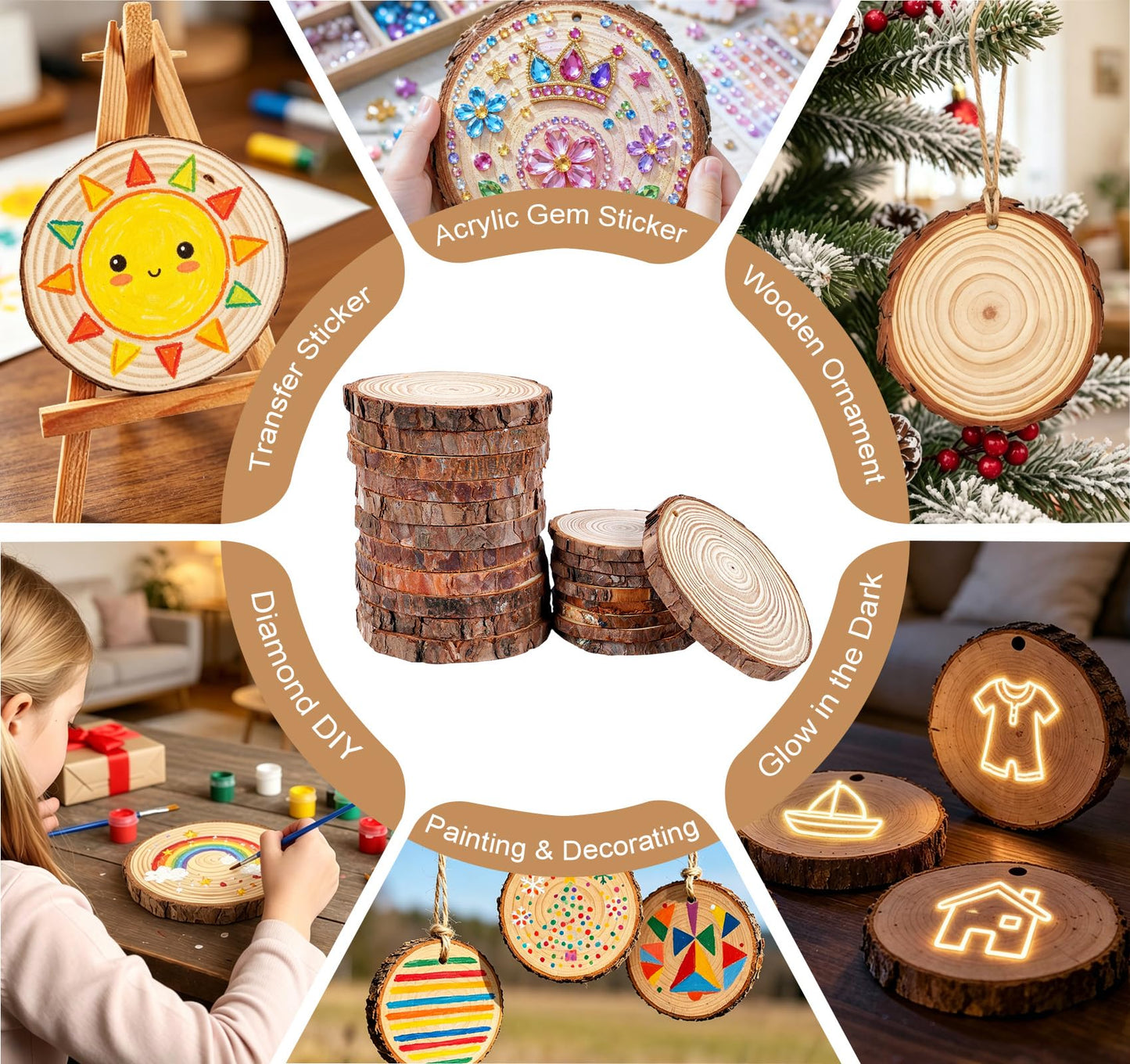 Timburst Unfinished Wood Slices Ornaments, 171pcs All-in-One Kids Painting Crafts, Glow in the Dark Wooden Craft Kit with Pre-Drilled Holes, Arts and Crafts for Girls Boys Ages 6+ Birthday Gift