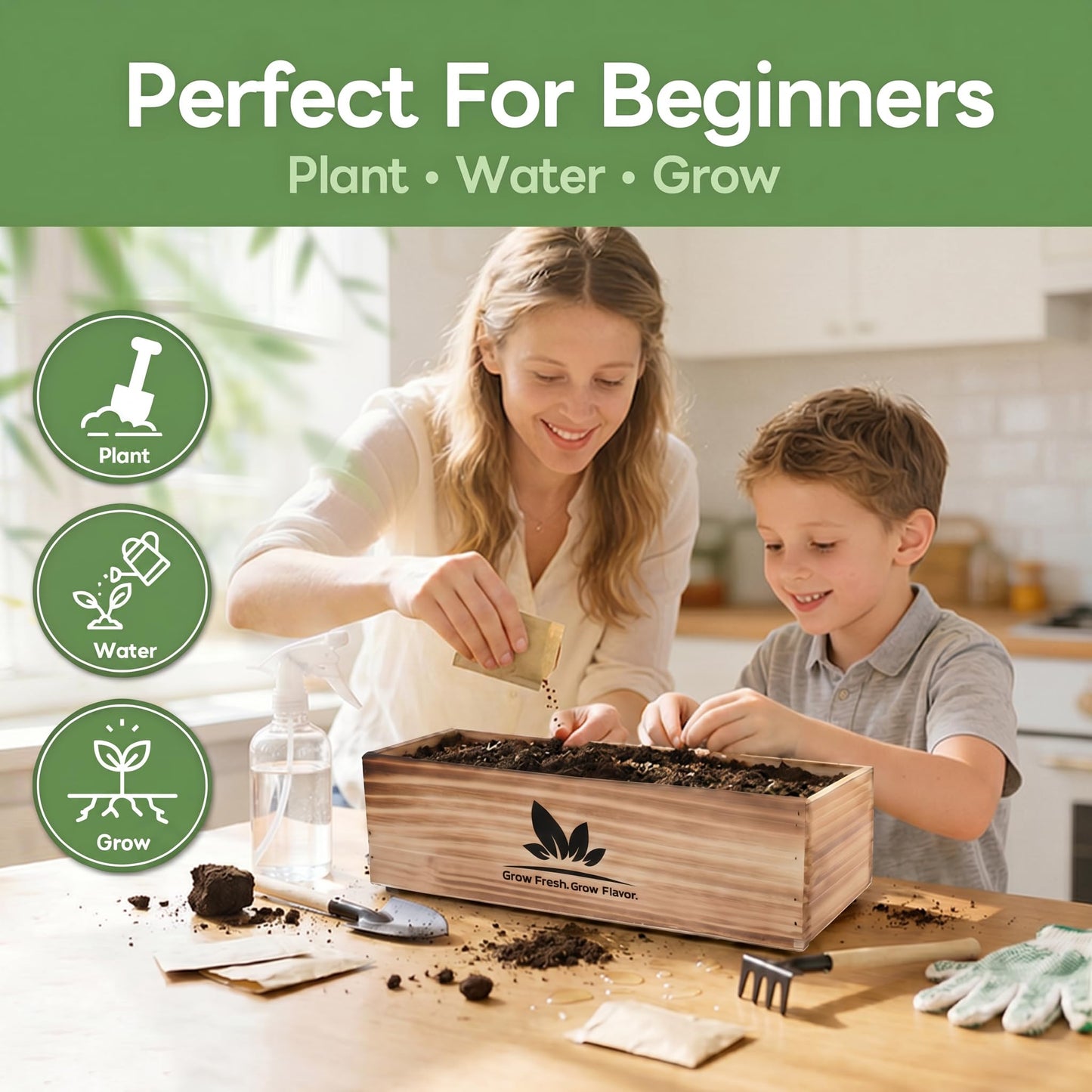 Herblink Indoor Herb Garden Starter Kit, 5 Herb Garden Planter Indoor Kit with Wooden Box Including Genovese Basil, Thyme, Parsley, Mint, Complete Windowsill Growing Gifts Set, Gifts for Mom, Women