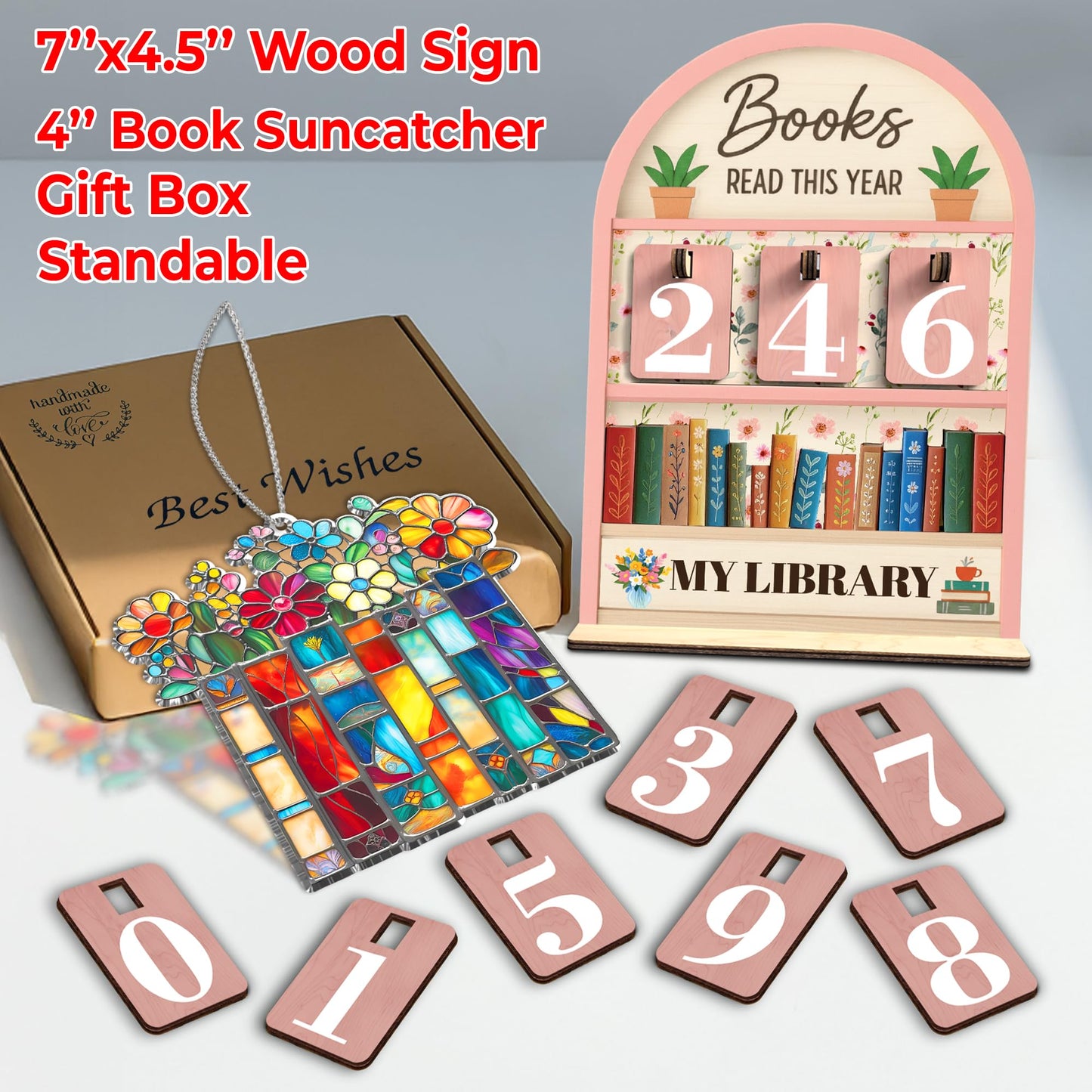 Pink Books Read This Year Counter, Reading Tracker Sign for Home Library Decor, Book Suncatcher Ornament, Book Lover Gift for Librarian, Reader, Teacher, Women, Floral Bookshelf Accessories FF812