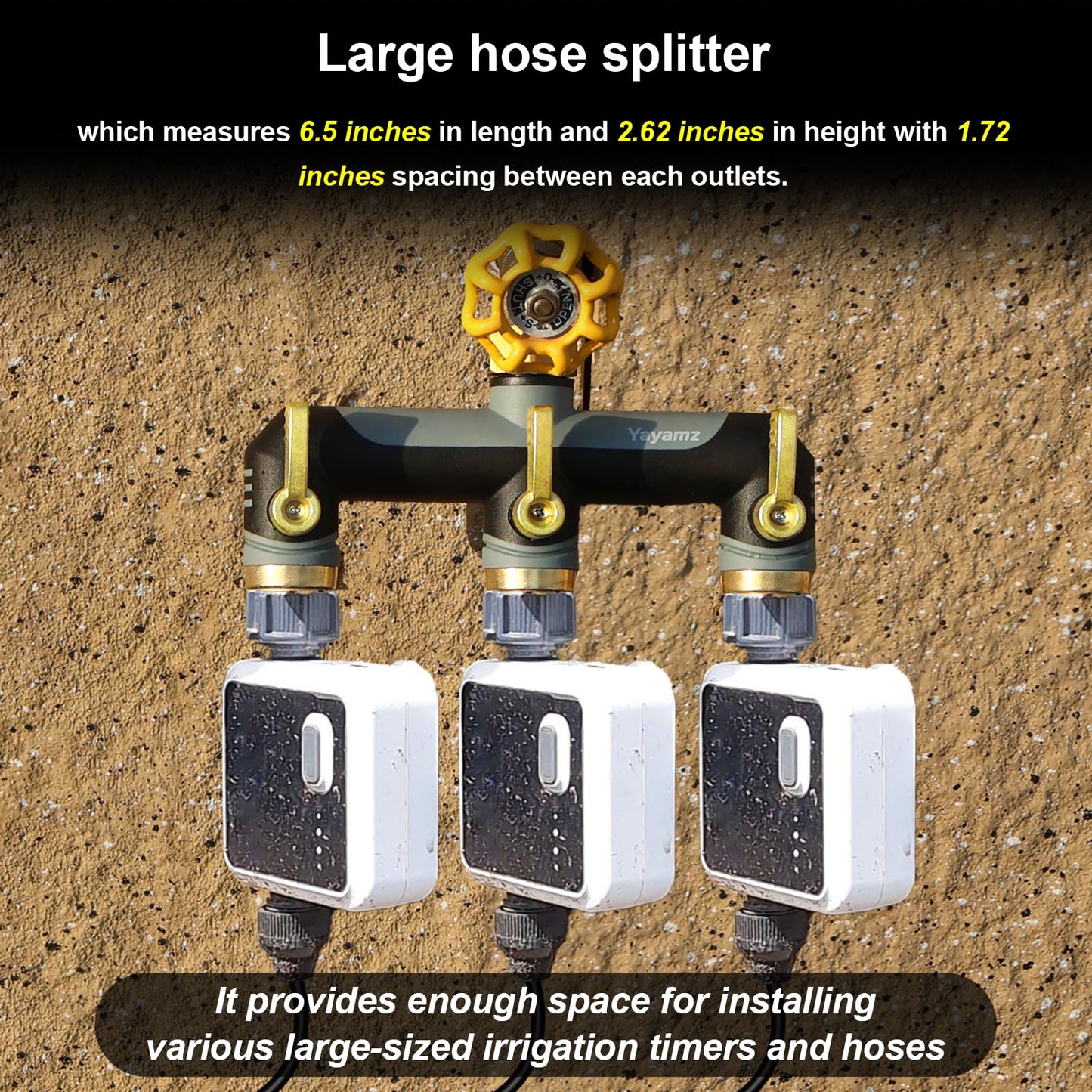 3 Way Garden Hose Splitter,High Flow Outdoor Faucet Splitter,Hose Splitter with Independent Shut Off Valves,Wide Spacing for Hose Timers,Sprinklers,Lawn,Yard and Garden Watering