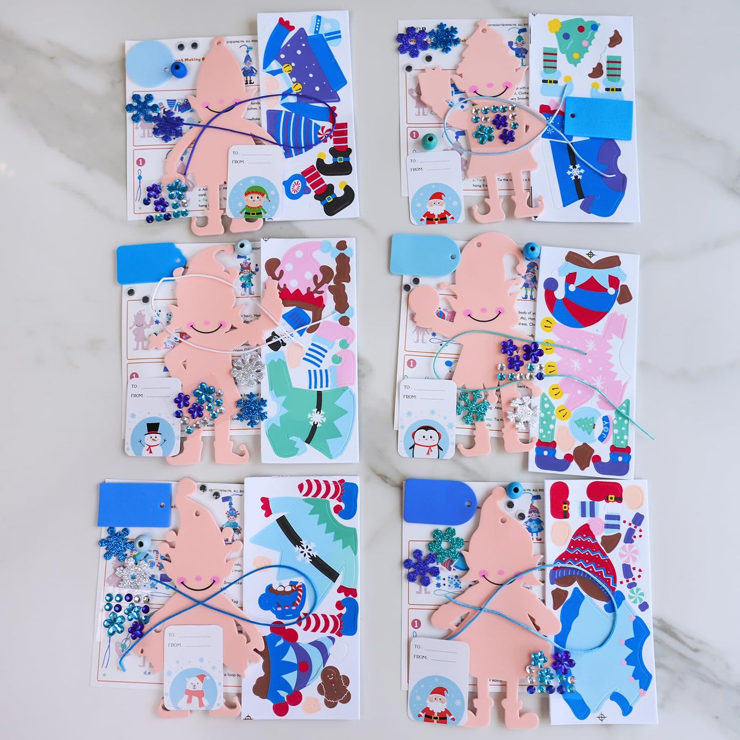 Winlyn 24 Sets Winter Decorations DIY Elf Ornaments Christmas Craft Kits Foam Elf with Snowflake Festive Foam Stickers for Kids Holiday Seasonal Gift Home Classroom Activities Party Favors