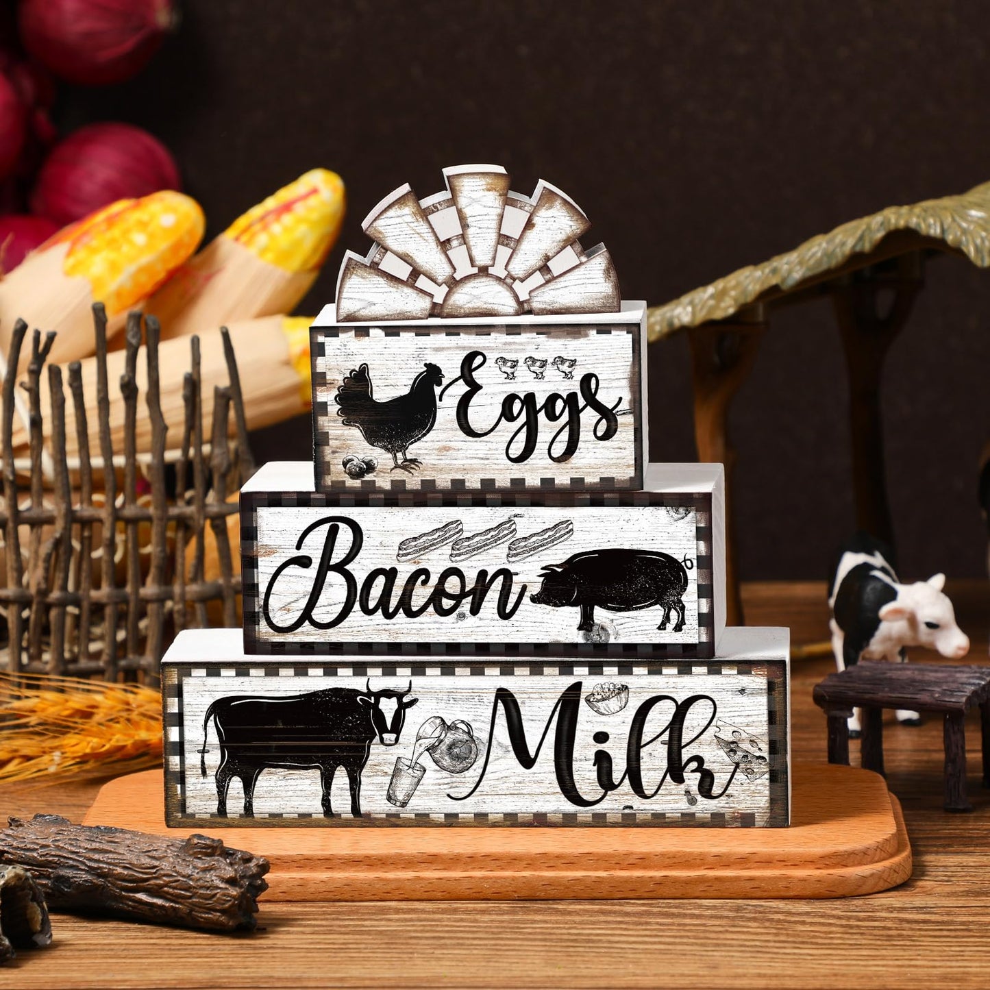Jetec 4 Pcs Farmhouse Kitchen Decor Wooden Tiered Tray Decor Cow Rooster Pig Rustic Bathroom Signs Decorative Faux Stacked Table Centerpiece Block Sign for Home Living Kitchen Dining Room Shelf