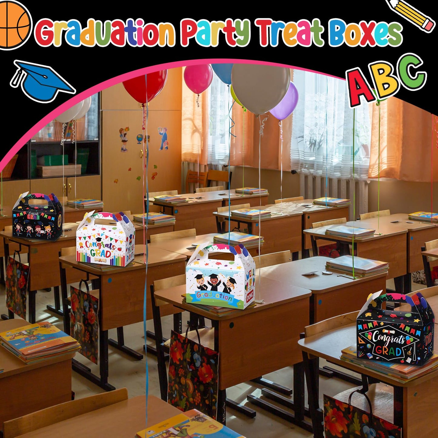 Tenceur 30 Pack Preschool Kindergarten Graduation Treat Boxes 2026 Congrats Grad Kindergarten Candy Goodie Cardboard Boxes with Handle for Kids Graduation Party Favors Gifts Bag