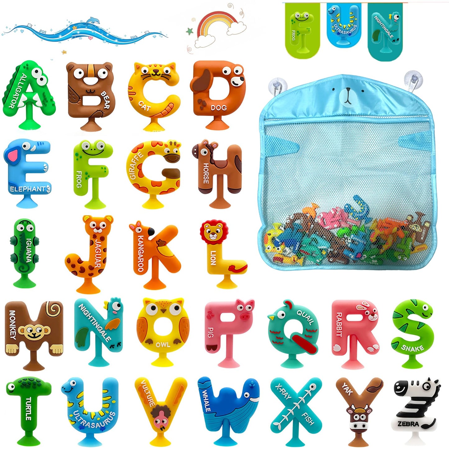 Mold Free Suction Bath Toys for Kids 26PCS, Bathtub Silicone ABC Alphabet Educational Montessori Sensory Toys for Baby/Toddlers, No Hole Animal & Letters Learning Toy with Storage Net for Autism/ADHD