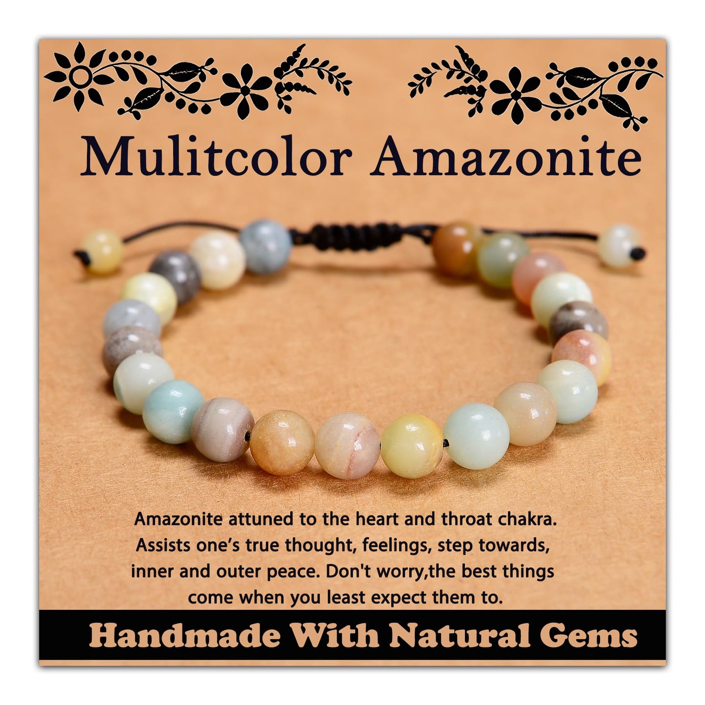 CHCCOYE 8mm Handmade Adjustable Natural Gemstone Crystal Bracelet Healing Power Energy Inspirational Gifts with Card for Unisex (Mulitcolor Amazonite)