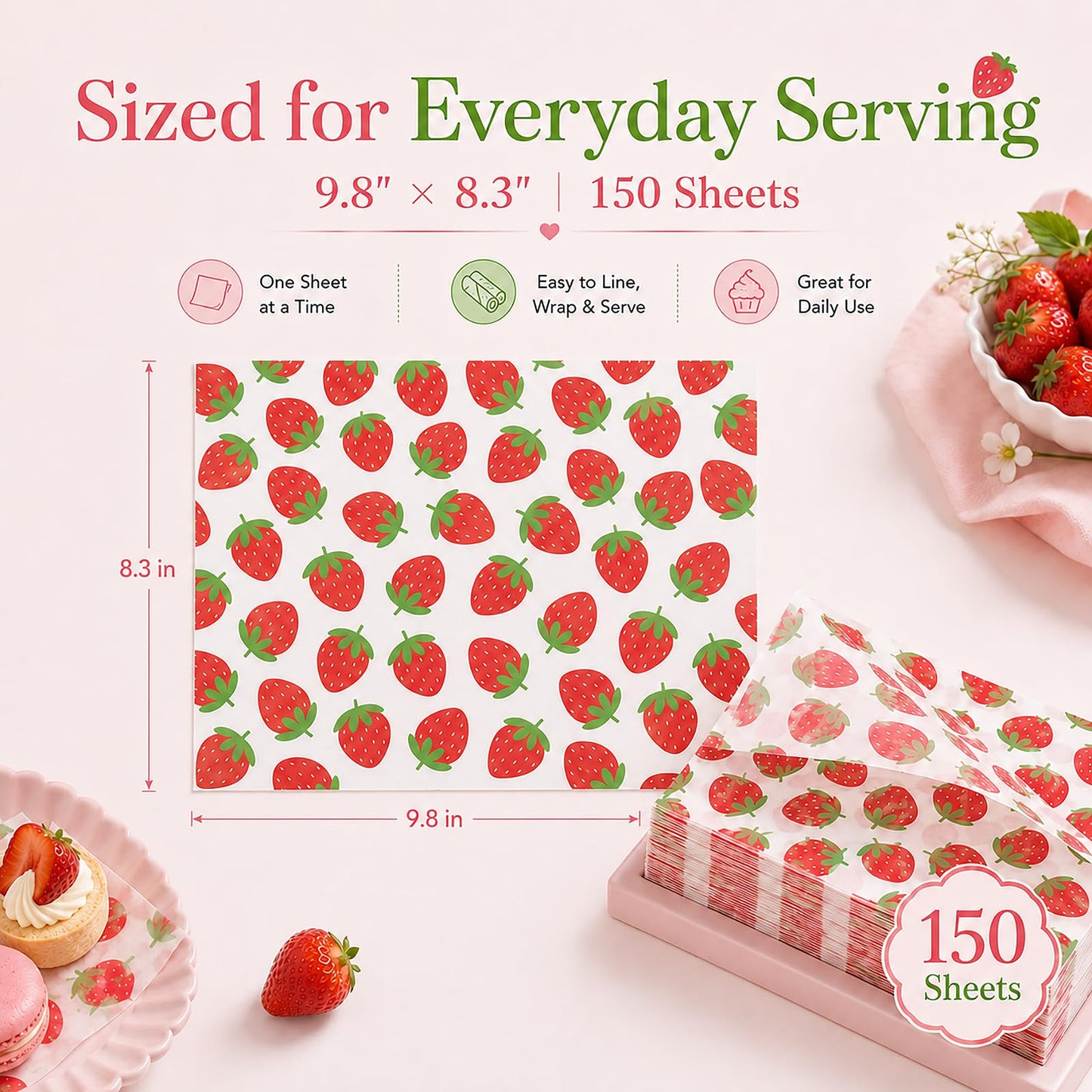 150 Sheets Strawberry Wax Paper for Food Deli, 9.8 x 8.3'' Preppy Strawberry Patterns Greaseproof Sandwich Wrapping Paper for Picnic Basket Liner Summer Birthday Party Supplies
