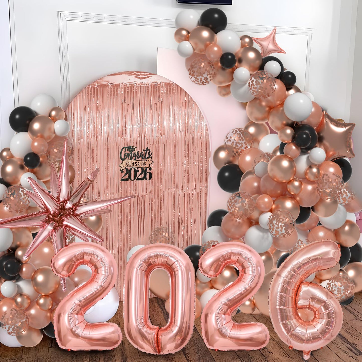 Graduation Balloon Garland Arch Kit for Graduation Decorations Class of 2026 - Rose Gold Black and White Balloons Different Sizes 5 12 18 Inch GraduationBalloons Arch for Grad Party Supplies
