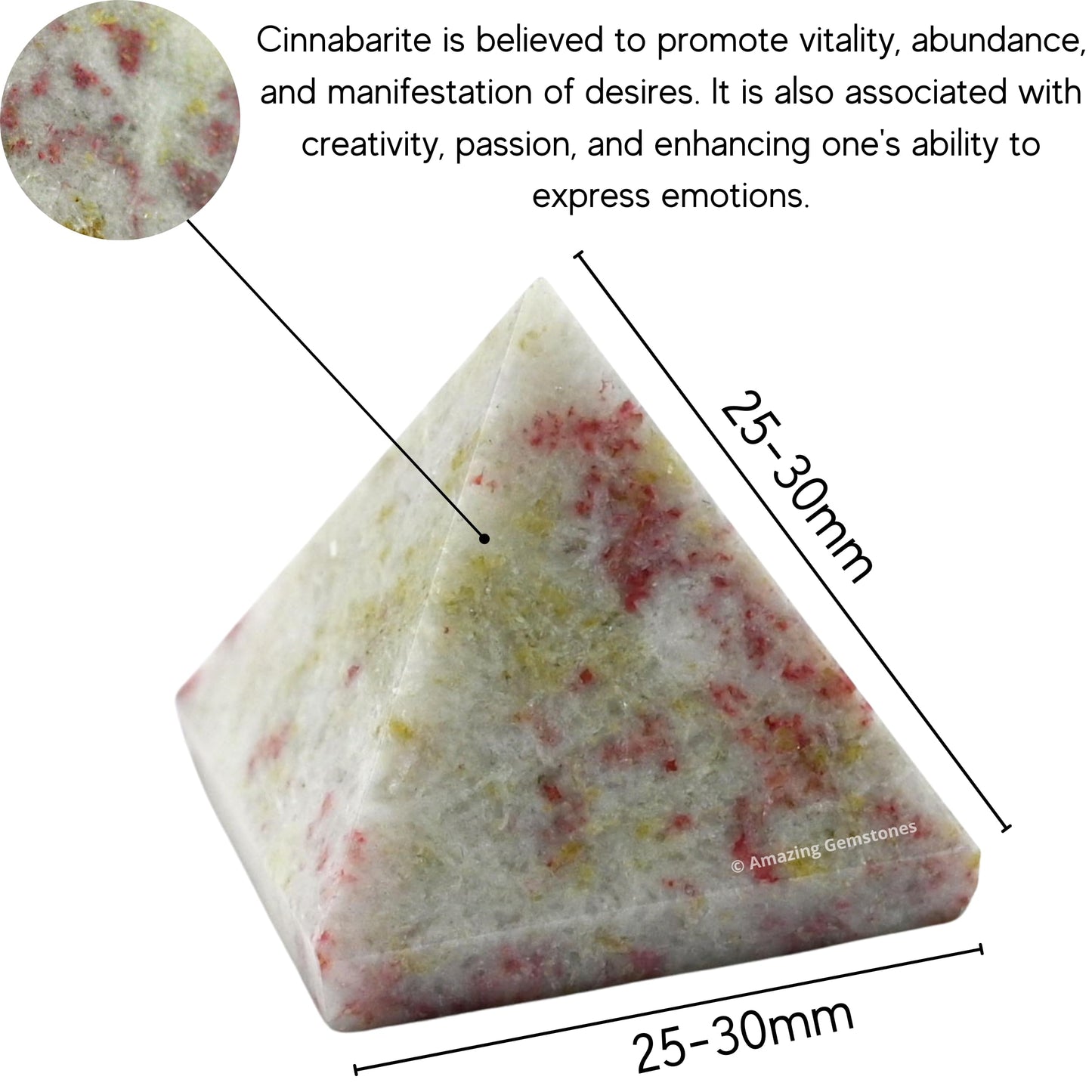 Amazing Gemstone Cinnabarite Pyramid Crystal Healing Stones - 1" Great Pyramid Figurine of Natural Stone Pyramid for Meditation, Reiki, Chakra Balancing and Crystal Pyramids Grid