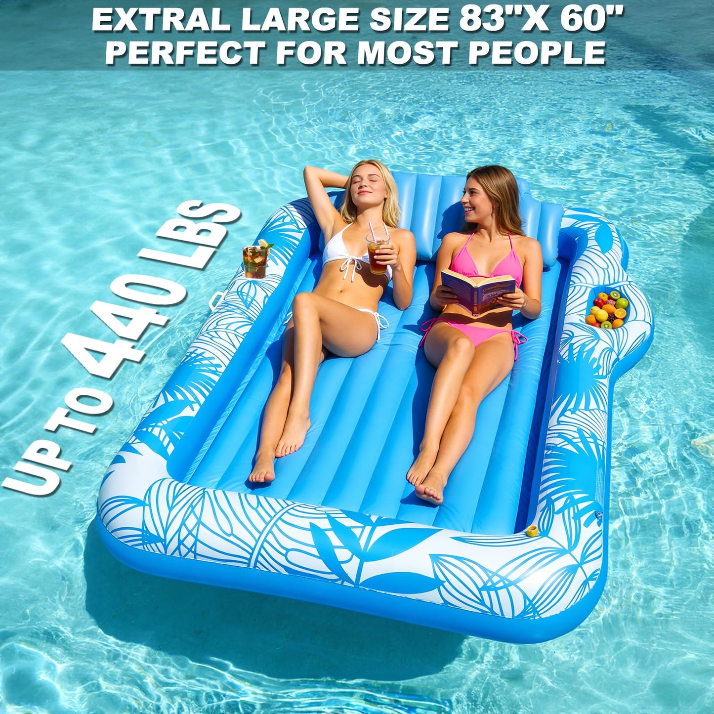 83" X 60" Inflatable Tanning Pool Lounger Float with Sprinkler, Extra Large Pool Float Adults with Pillow, 6 in 1 Suntan Tub Raft Floatie Toys with Drink Holder Sunbathing Water Filled Tanning Bed