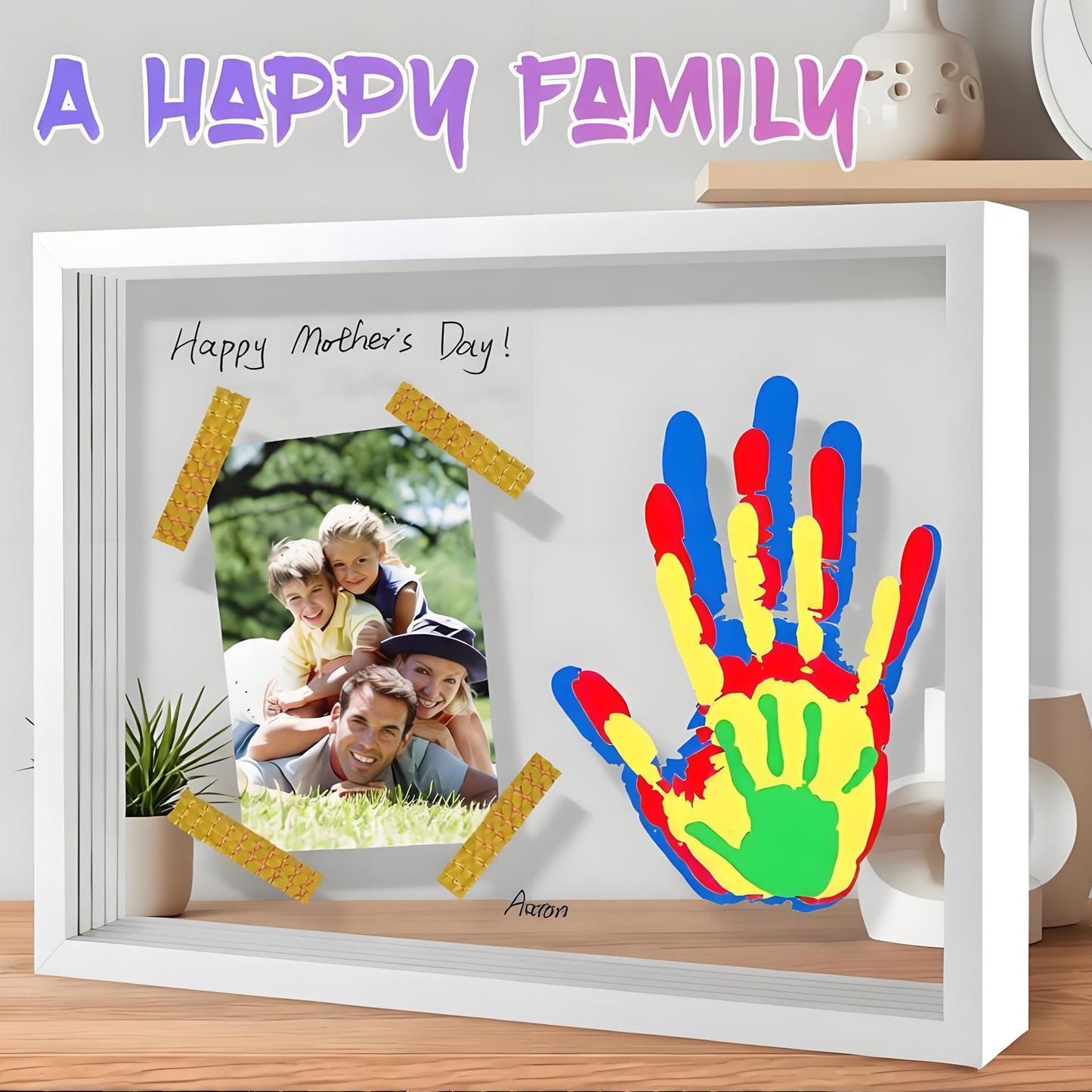 Family Handprint Keepsake Frame Kit with Photo Display – DIY 3D Floating Layered Design for Mom, Dad and Baby – Safe Non-Toxic Paint Set for Footprints – Perfect Baby Shower Gifts, New Parents Couples Keepsake, Home Decor 13.1x9.6 Inch (White)