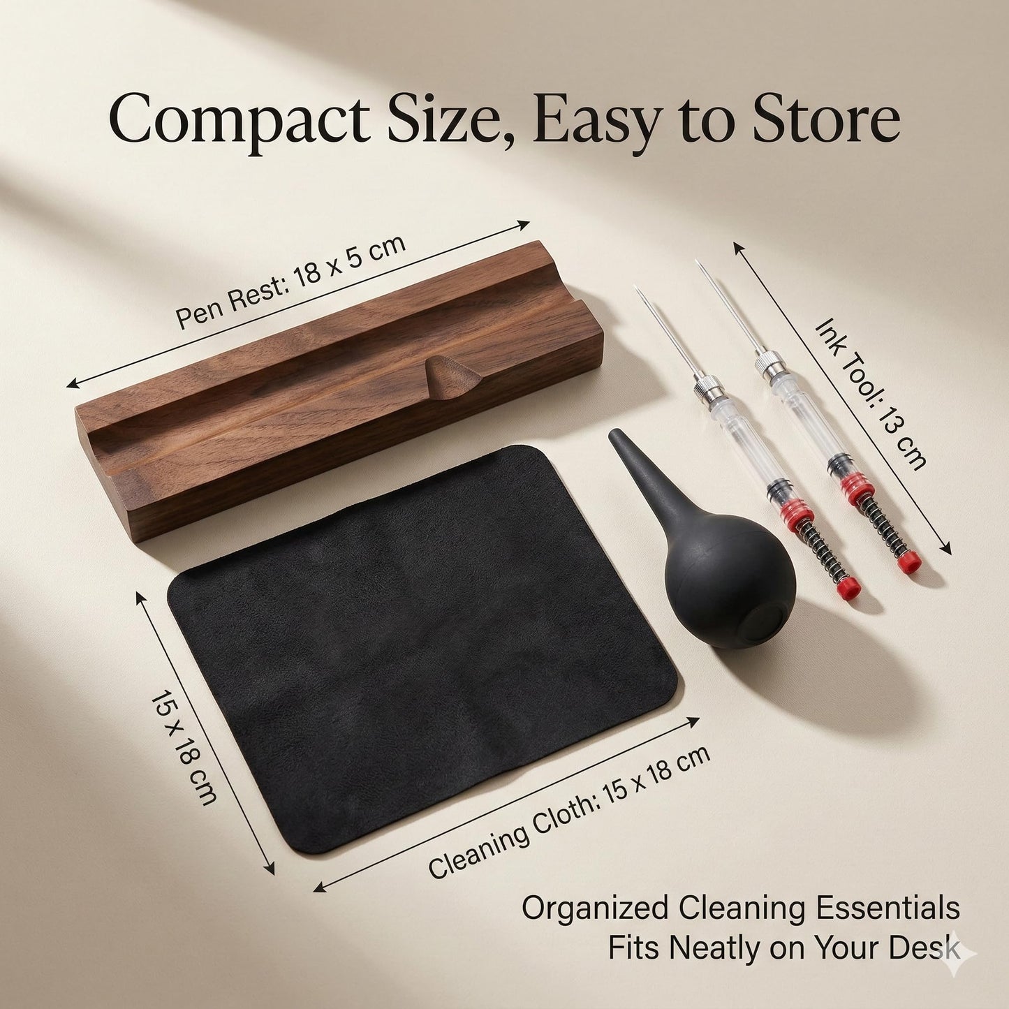 Fountain Pen Cleaning Kit with Black Walnut Pen Rest, 2 Ink Filling Tools, Premium Cleaning Cloth and Rubber Cleaning Bulb, Fountain Pen Maintenance Set for Flushing, Filling and Daily Pen Care