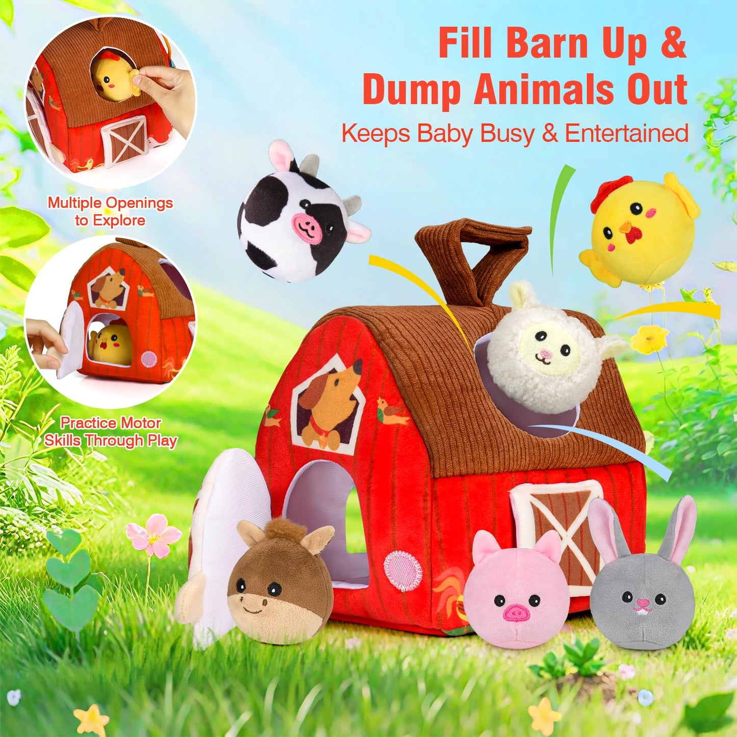 Aojieni Baby Toys 6-12 Months: Plush Surprise Barn with Stuffed Farm Animals, Rattle, Crinkle Paper, Mirror, Busy Montessori Toys for Babies, Infant, Newborn, Sensory Toys for Toddlers 1-3