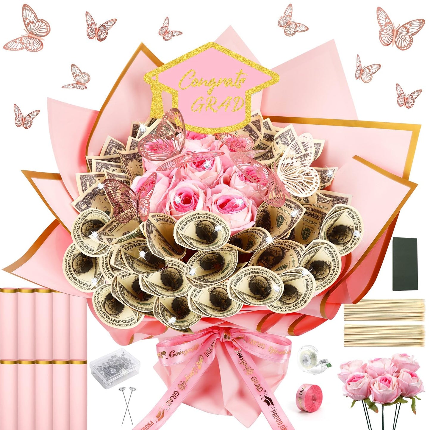 AUGSUN Graduation Money Bouquet Kit, 147 Pcs DIY Bouquet Making Supplies with Folded Bills Wrapping Paper 3D Butterflies for Graduation Gift Class of 2026 Gifts