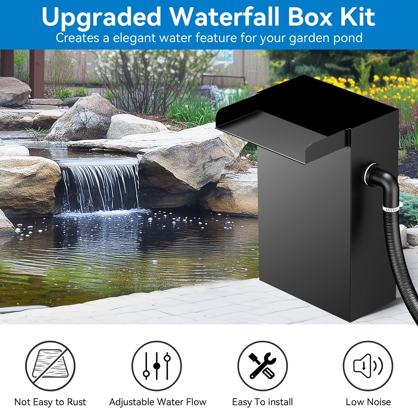 POPOSOAP Pond Waterfall Spillway with Pump Kit, 304 Stainless Steel Pond Pond Waterfall Box with 9.8FT Corrugated, Pond Spillway Tubing with 40W 660GPH Pump for Waterfall System Garden Decor