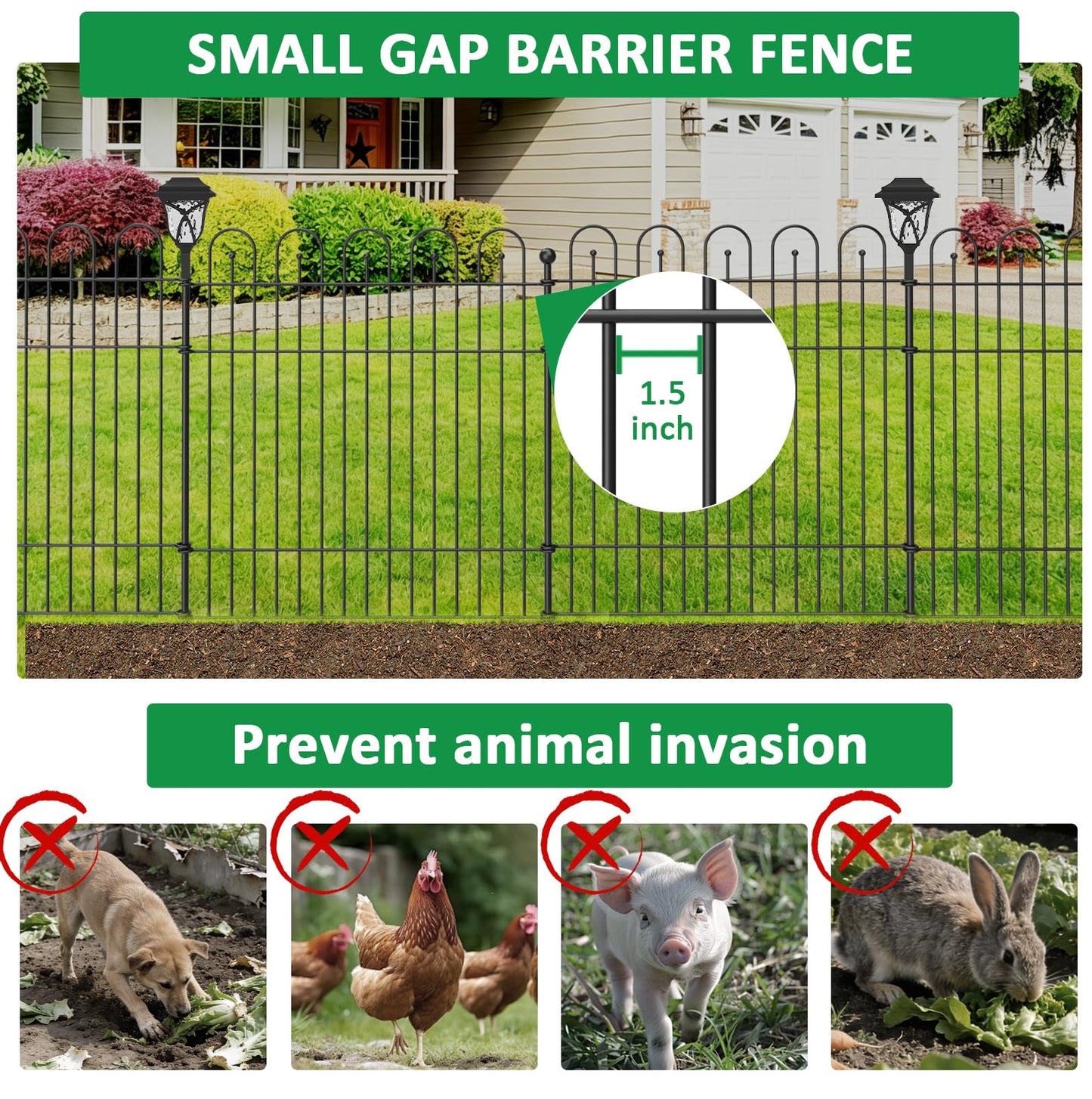 Garden Fence Animal Barrier with Lights & Gate, 32 in (H) x23.6ft (L) Decorative Garden Fence, 10 Panels No Dig, Rustproof Metal Temporary Fence, for Outdoor, Yard, Patio