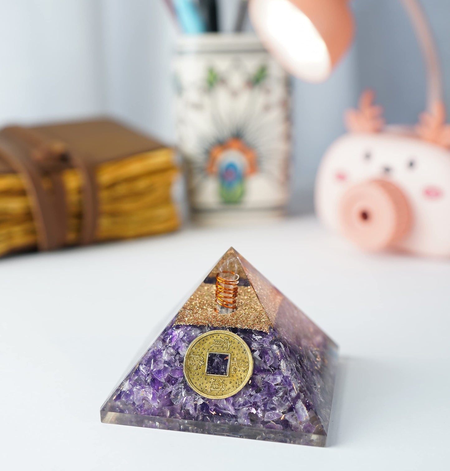 "55mm orgone pyramid Amethyst protection crystals reiki supplies healing stones, organite pyramid for good luck gift for women men gemstone crystal chakra charm orgone generator orgonite collection"