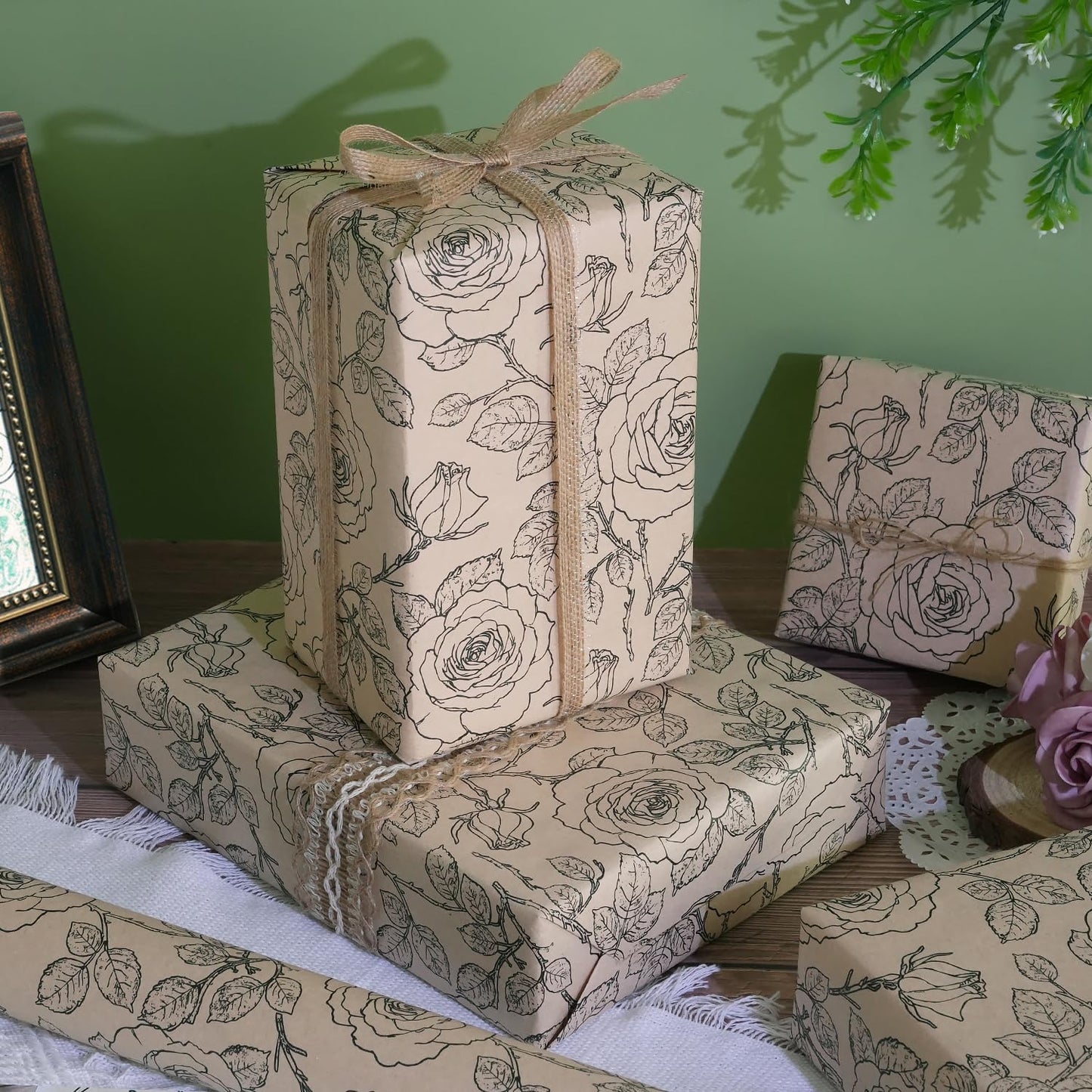 Kraft Floral Wrapping Paper Roll, Vintage Rose Wrapping Paper, Rose Print Design, Brown and Black Kraft Gift Wrap Paper for Birthday Mother's Day Bridal Shower Baby Shower Wedding, 17Inch×33Feet