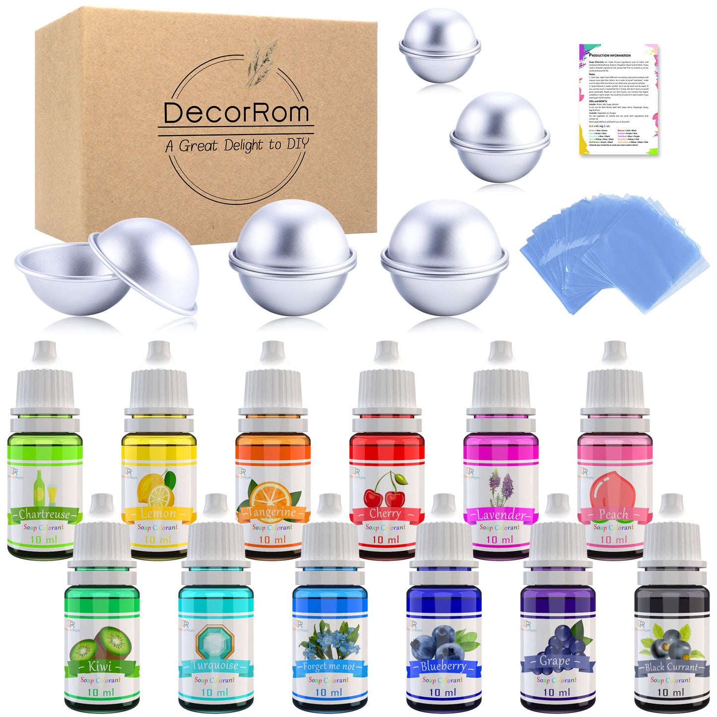 Bath Bomb Mold Set with Soap Colorant, Shrink Wrap Bags - Skin Safe Food Grade Soap Dye for Bath Bomb Making Supplies Kit - Liquid Dye for CP M&P Soap Coloring, Crafts - with Instructions Adult Hobby