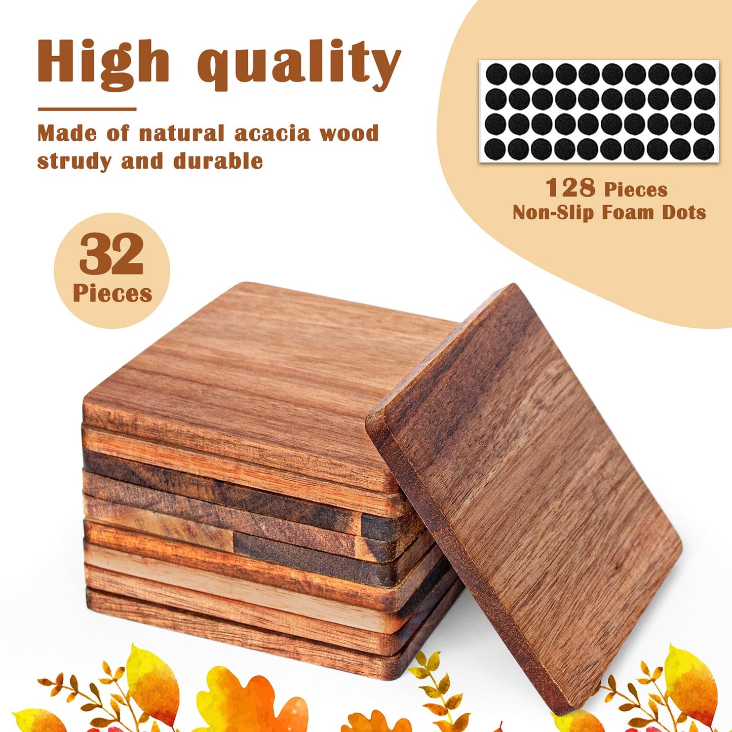 32 Pieces Unfinished Wood Coasters, 4 Inch Square Acacia Wooden Coasters for Crafts with Non-Slip Silicon Dots for DIY Stained Painting Wood Engraving Home Decoration