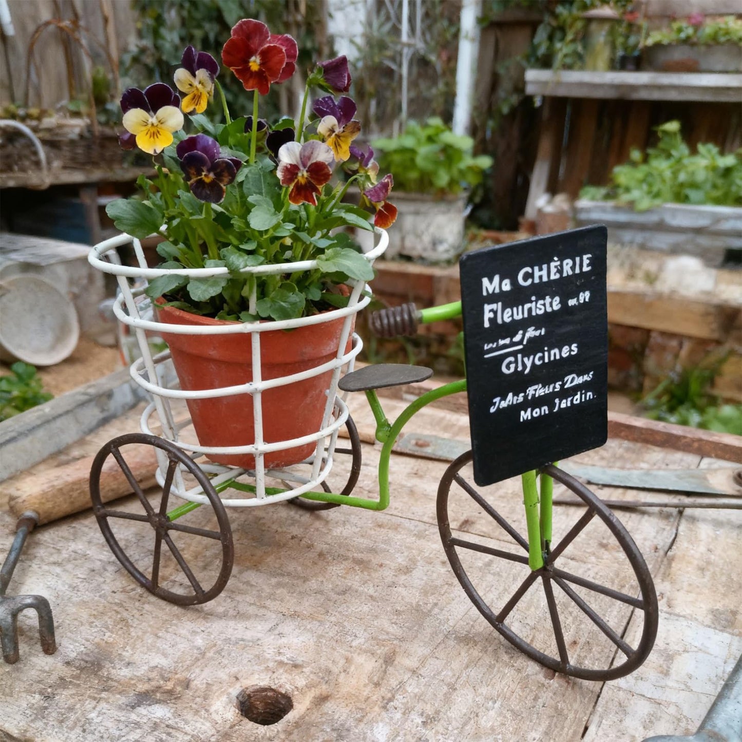 Psdndeww Metal Three Wheel Flower Pots Holder Container for Plant with Drainage Sturdy Construction Easy to Assemble and Maintain Beautiful Iron Tricycle Flower Pots Holder Container