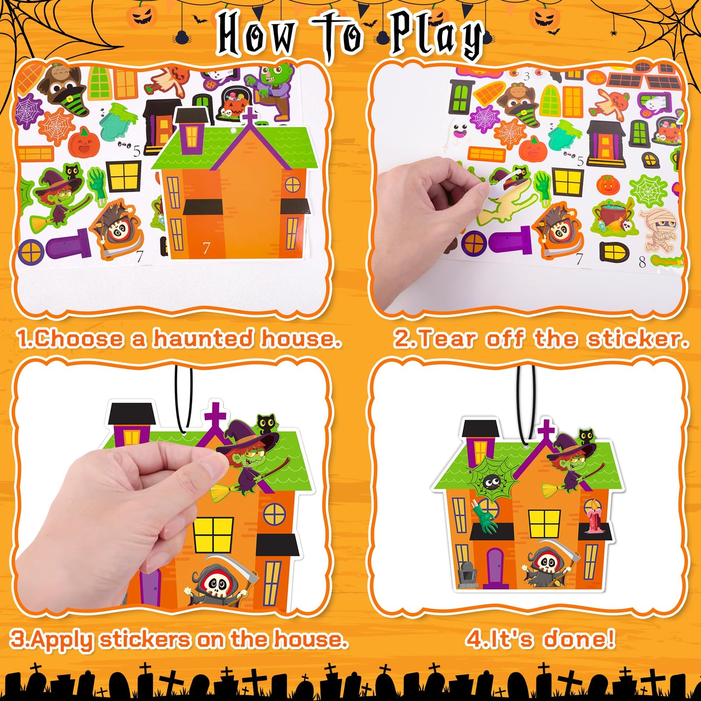 Moon Boat 60pcs Halloween Crafts for Kids – Haunted House DIY Kit, Make Your Own Scene with Pumpkins Stickers Bulk for Classroom Activities, Party Favors, Games