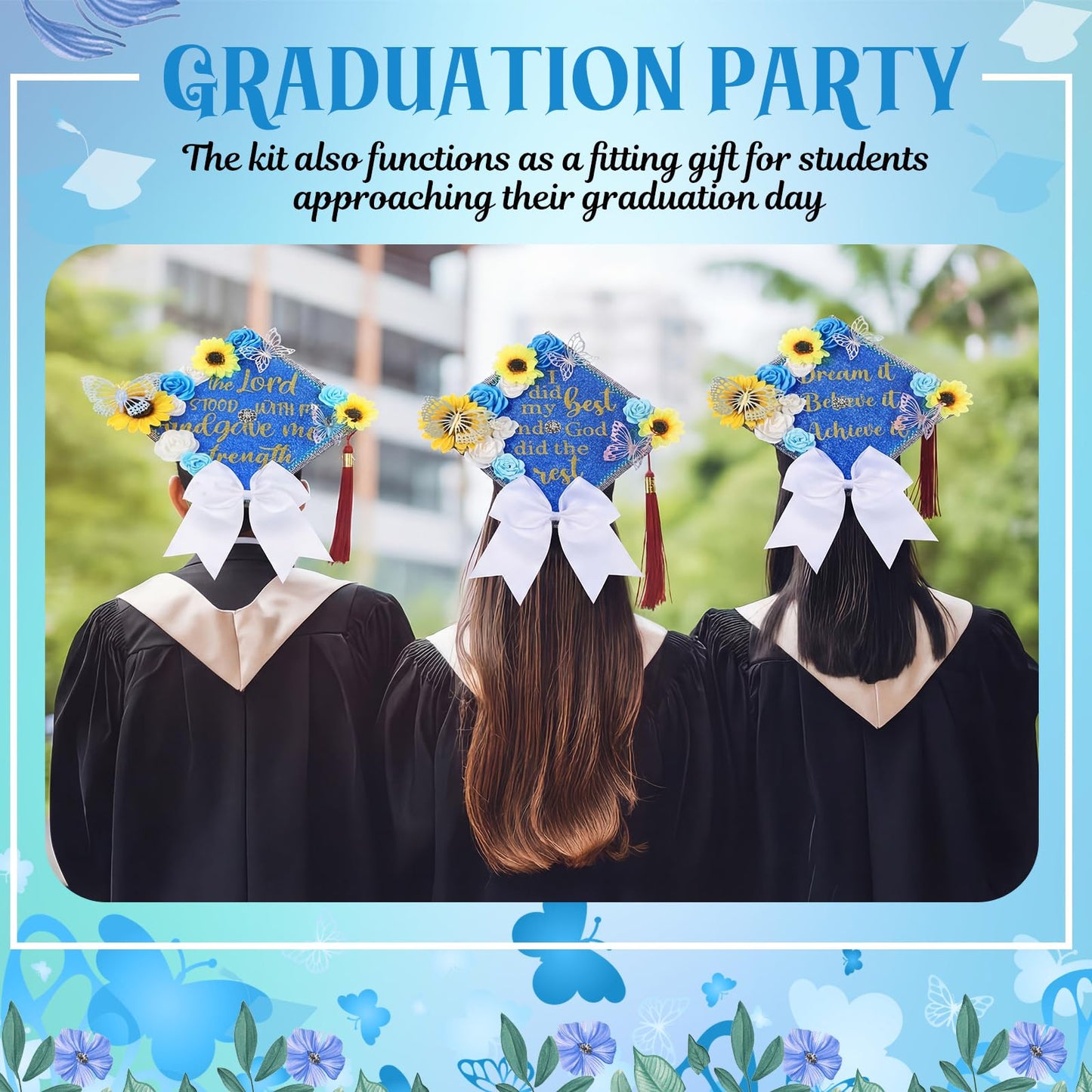 Gersoniel 45 Pcs DIY Graduation Cap Decorations Kit with Faux Flower Heads Graduation Quote Glitter Sticker Bow 3D Butterfly Rhinestone Pearl Stickers for Grad Cap Topper Art Craft Gift Decor(Blue)
