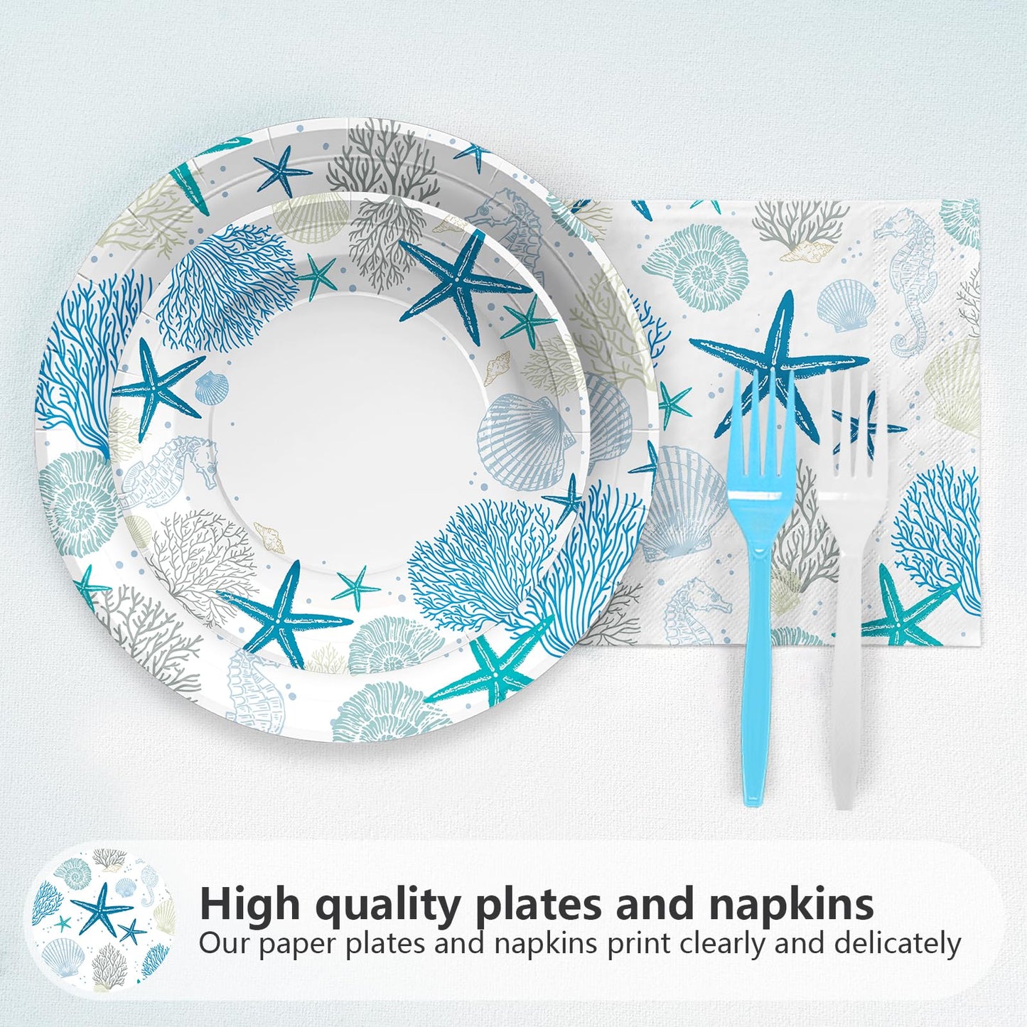 96Pcs Coastal Beach Party Decorations Blue Seashell Starfish Coral Plates and Napkins Sets Nautical Ocean Birthday Party Decorations for Summer Beach Baby Shower Wedding Party Supplies Serves 24