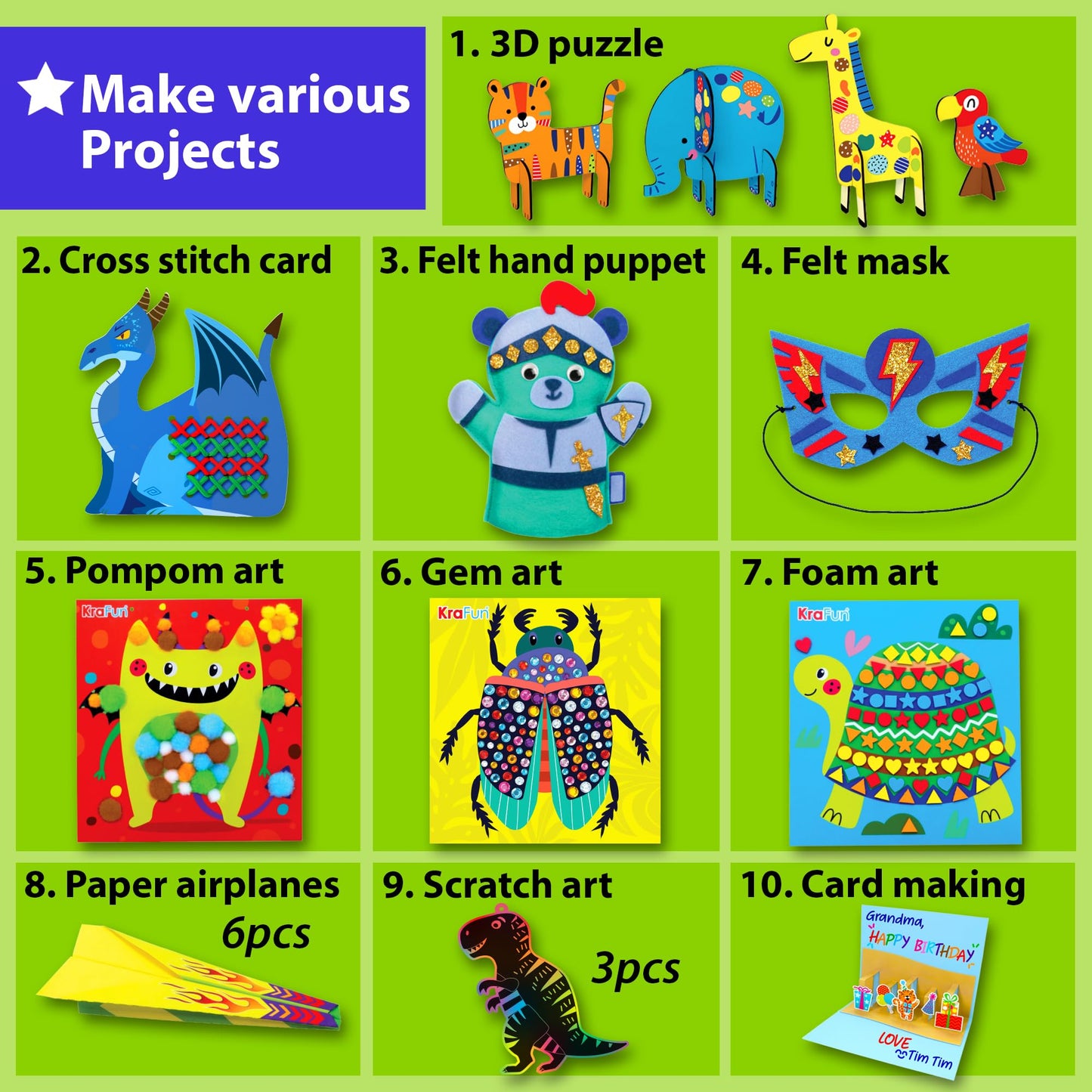 KRAFUN Toddler Art and Craft Kit, Preschool Educational Activities with 10 Envelope Projects - Origami, Puppets, Lacing & Pompoms, Creative DIY Gifts for Boys and Girls Ages 3-5