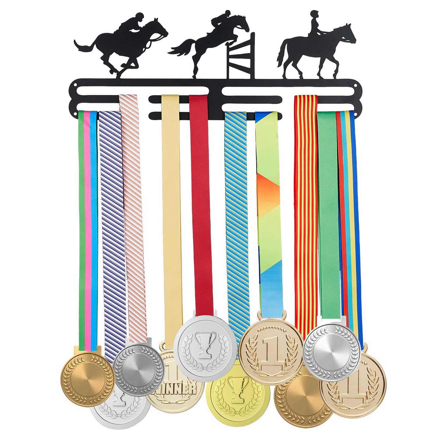 SUPERDANT Horsemanship Medal Hanger Equestrian Sports Medals Holder Personalised Award Ribbons Black Medal Metal Rack Wall Mount Hanging 2 Rows 8 Hangers Gifts for Athletes Kids 15.75x6in