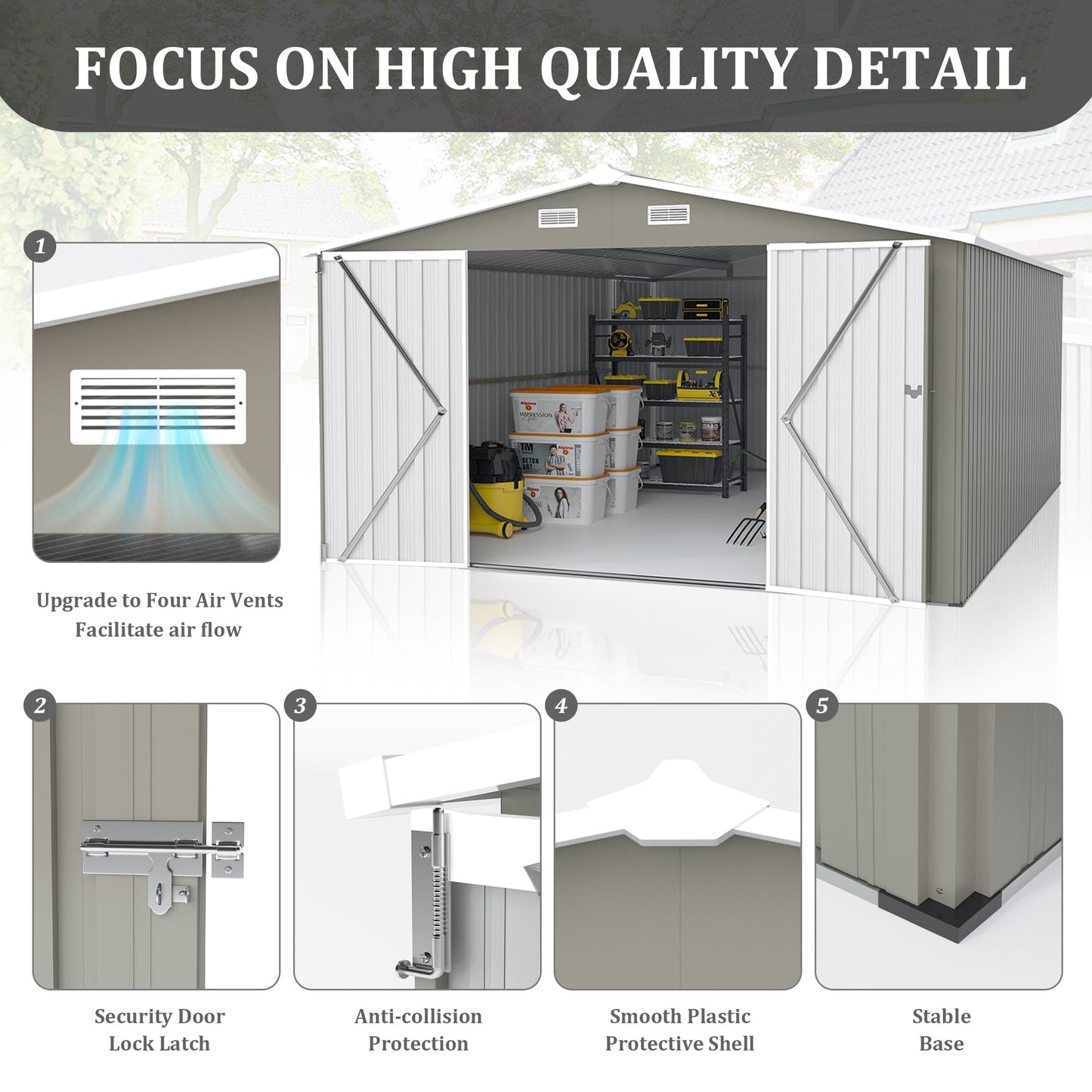 KEIKI 10x 14 FT Metal Storage Shed Outdoor, Large Garden Shed with Roof & Lockable Doors, Utility Tool Sheds Frame & 4 Vents for Patio Backyard Bicycles Storage House, All Weather Use, Light Grey