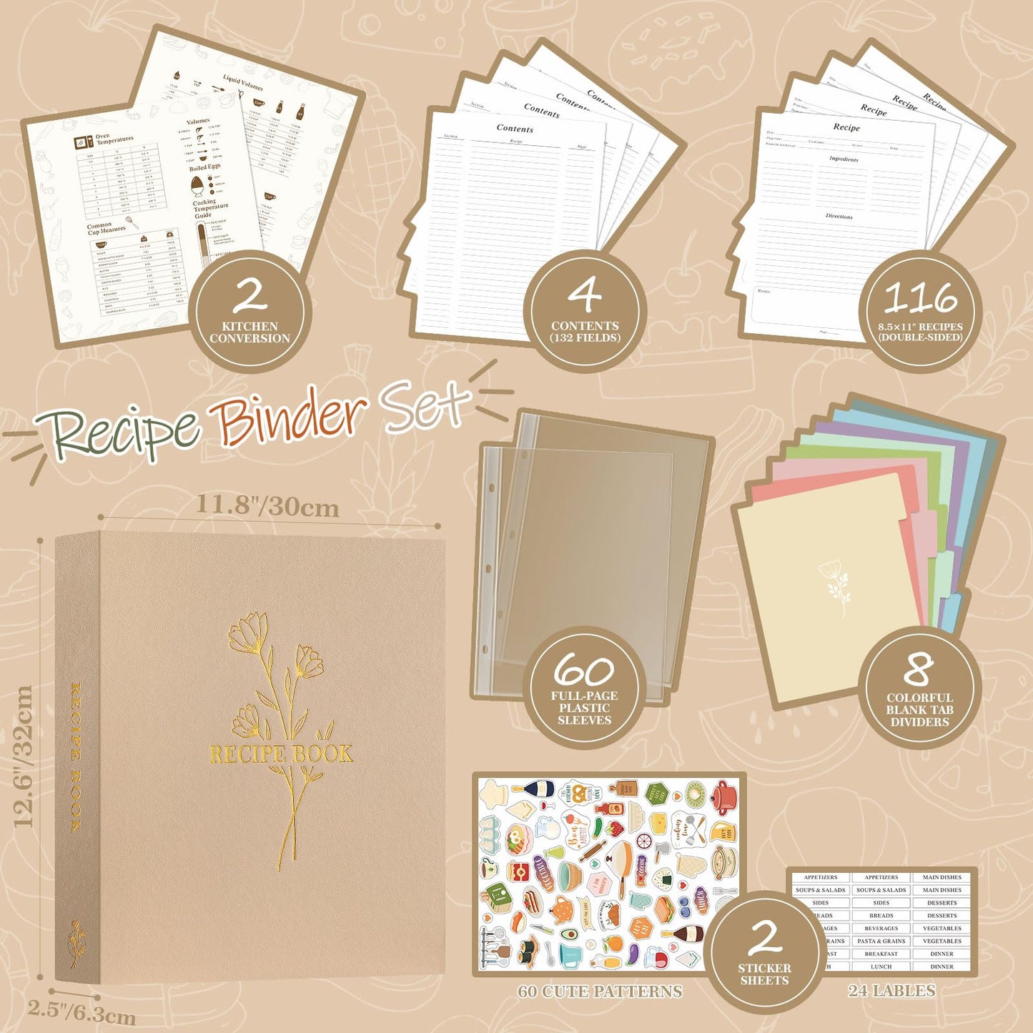 Lanpn Recipe Binder 8.5x11 3 Ring Kit, Waterproof Recipe Book Organizer Binder with 60 Plastic Sleeves,116 Recipes, Dividers,Labels & Stickers, Blank Recipe Binder to Write in Your Own Recipes, Oat