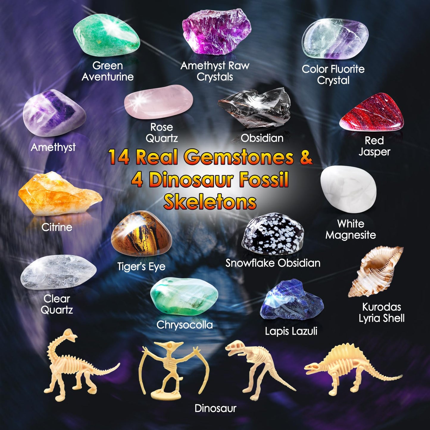 UNGLINGA Gemstone Excavation Gem Rock Dig Science Experiments Kit for Kids, Excavate 15 Gems and 4 Plastic Dinosaur Fossil Skeletons, Christmas Birthday Toys Gifts Idea for Girls and Boys