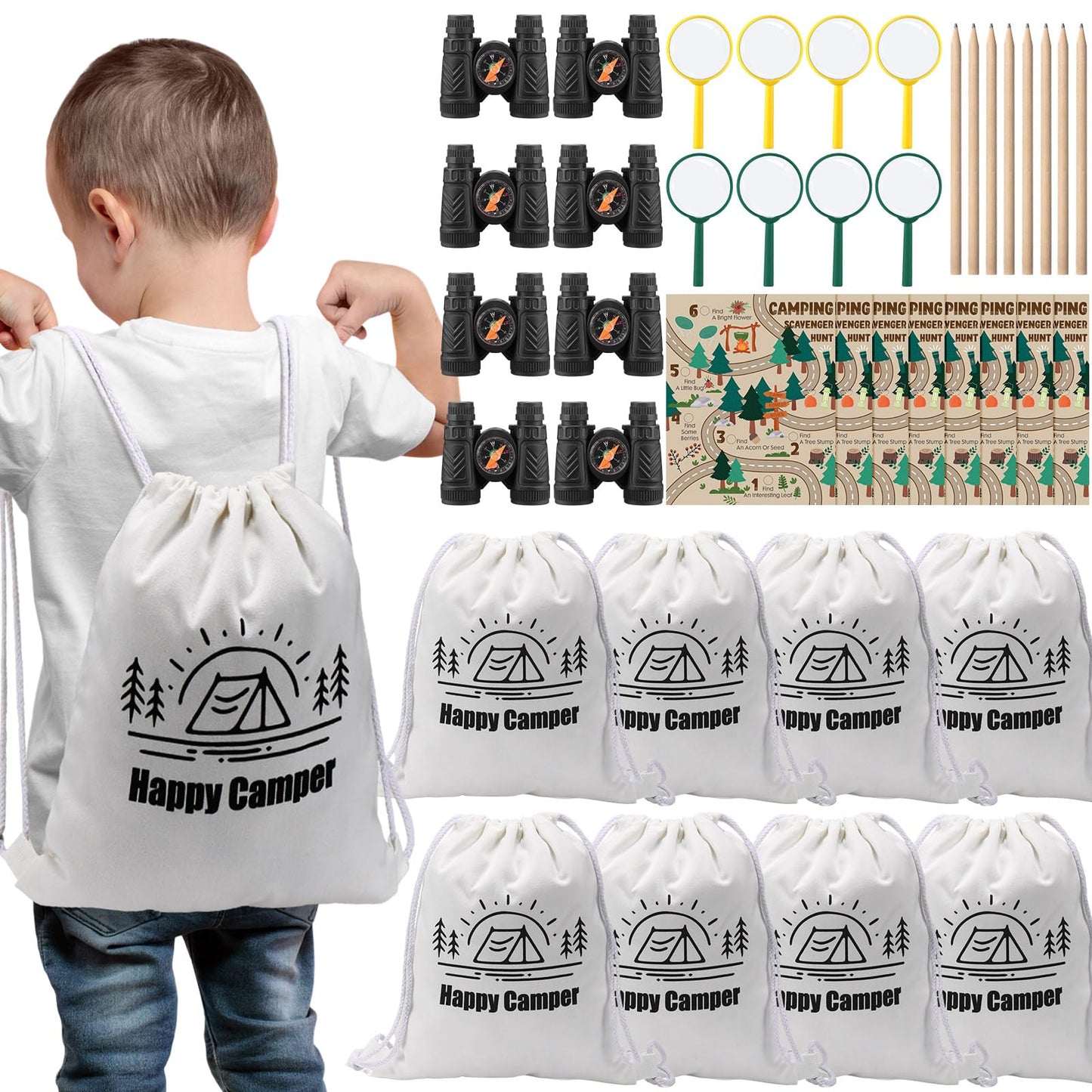 HyDren 8 Sets Camping Party Favors for Kids Safari Party Favors with 8 Camping Scavenger Hunt Cards 8 Canvas Gift Bags 8 Binocular Toys 8 Magnifying Glass 9 Pencils Outdoor Exploration Kit