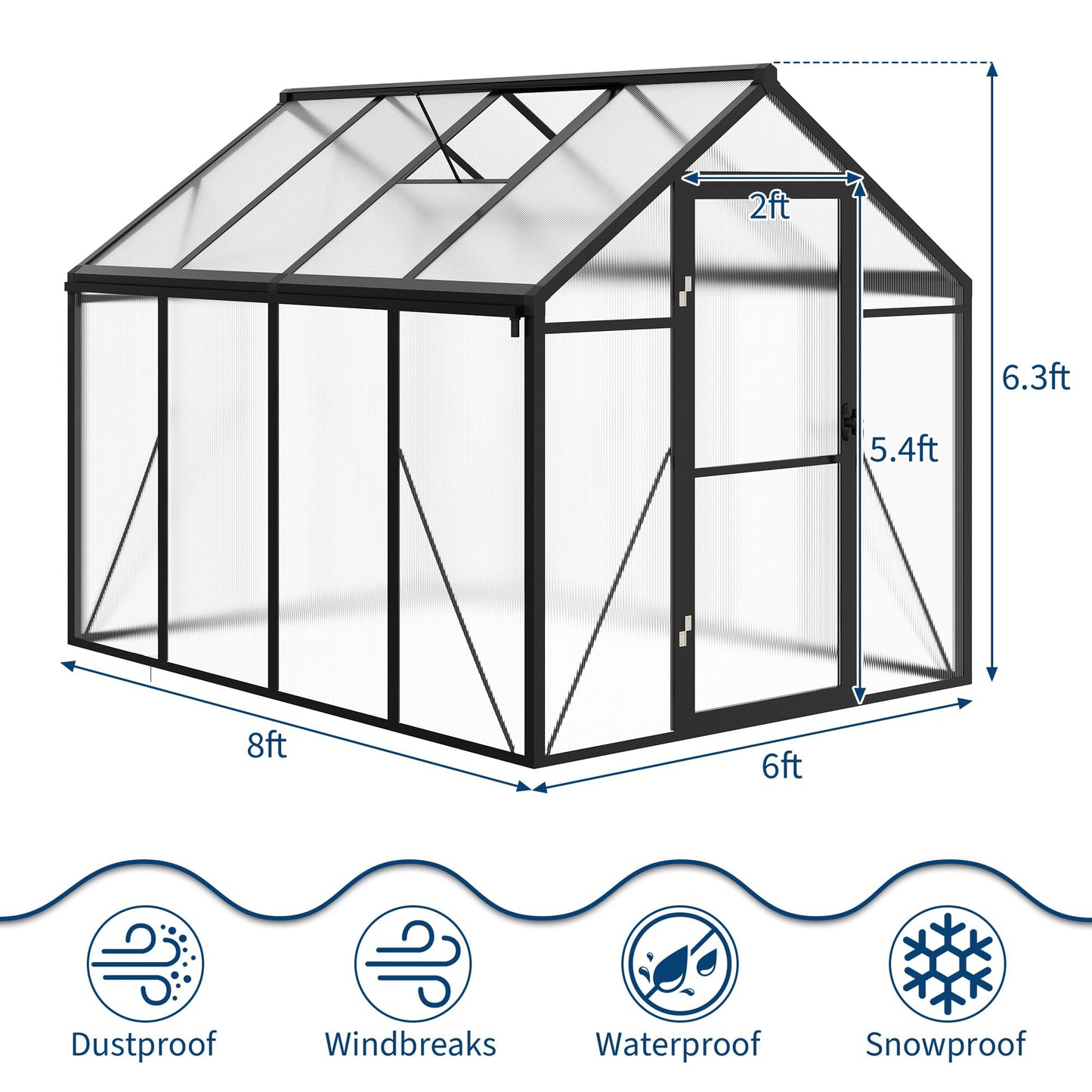 Greenhouse, 6x8 Ft Outdoor Greenhouses, Greenhouse Kit, Portablee Greenhouses with Ground Nails and Vent Windows, Sliding Lockable Door, Polycarbonate Green House for Outside Garden Backyard, Black