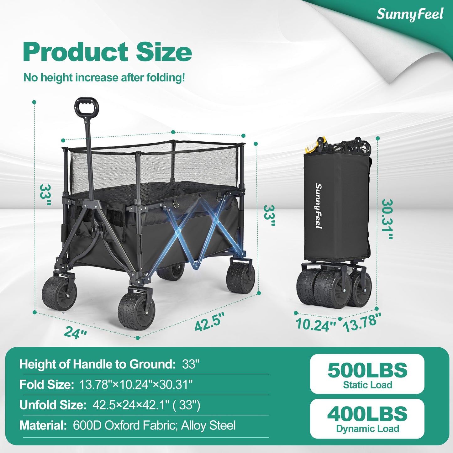 SUNNYFEEL Extra Large Folding Wagon 300L - 500LBS Heavy Duty Beach Wagon Cart with Big All-Terrain Wheels, Stable Frame, Adjustable Handle for Camping, Groceries, Shopping (Black, Tall Version)