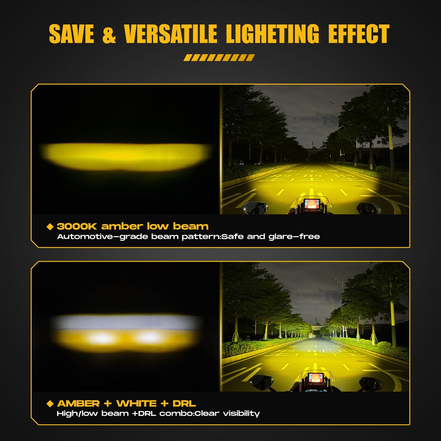 Future Eyes Motorcycle Driving Lights – 180W LED Fog Lights with Amber & White Beams, Waterproof Auxiliary Spotlights with DRL, Strobe, Signal, for Night Riding Off-Road UTV ATV