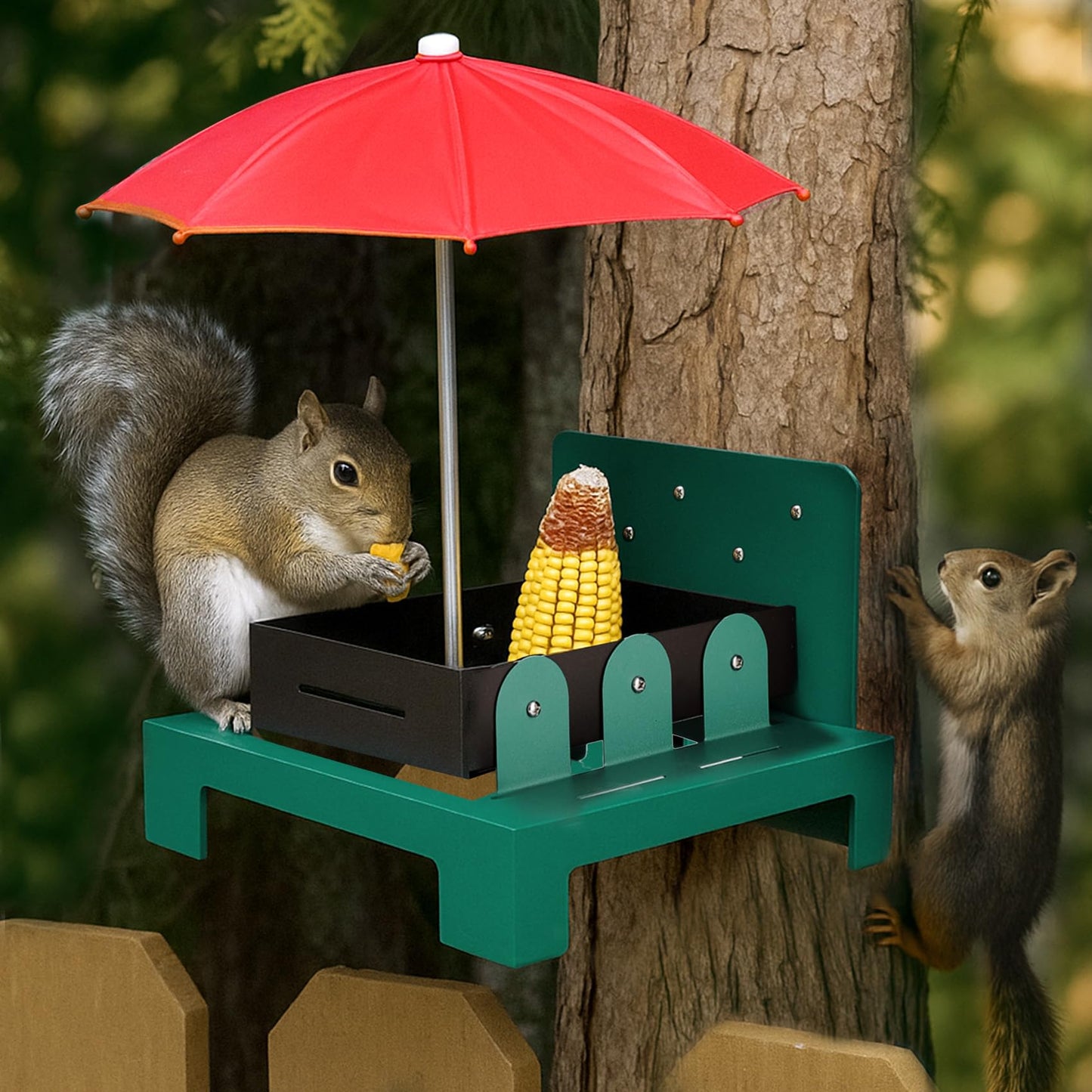 Ewenono Squirrel Picnic Table Feeder with Umbrella – Metal Squirrel Feeder for Outdoors, Large Food Tray & Corn Cob Holder, Funny Picnic Table for Wildlife, Tree-Mount Squirrel Table Feeding Station