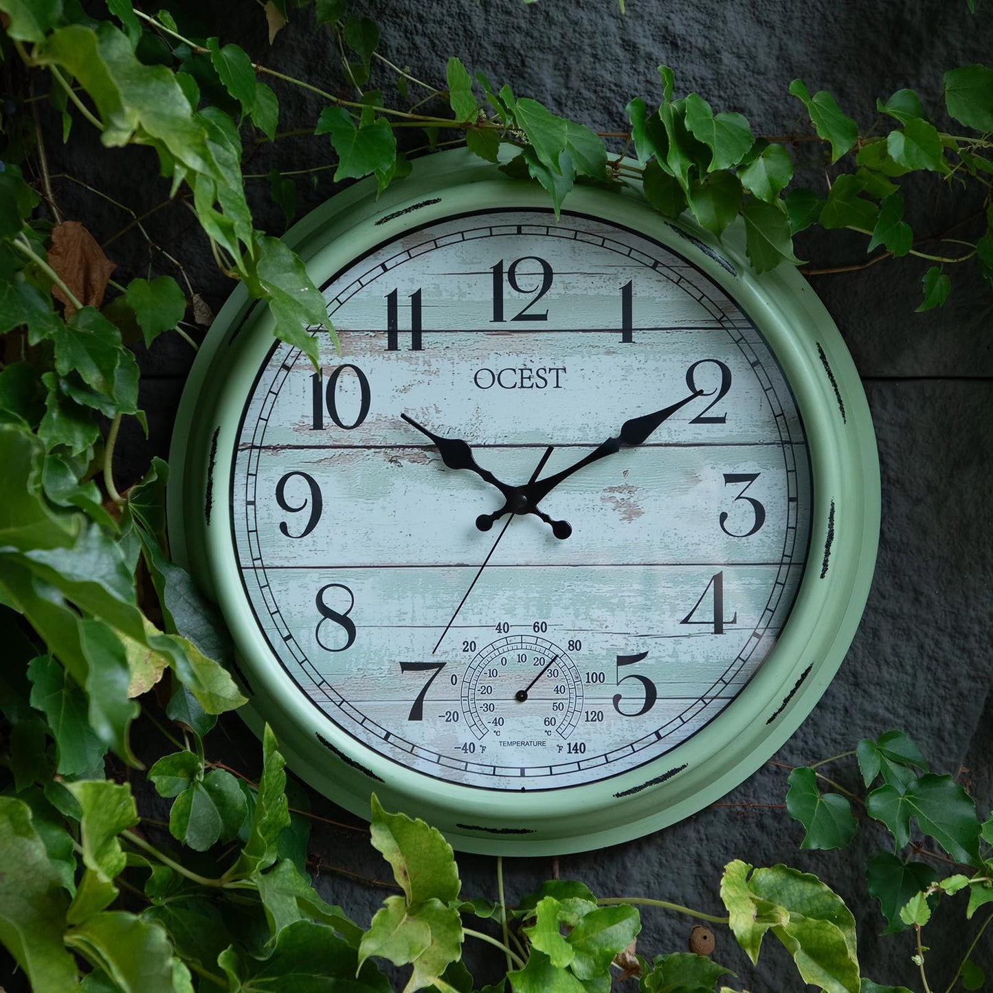 OCEST 16 Inch Indoor Outdoor Clock, Waterproof Large Wall Clock with Thermometer, Silent Non-Ticking Battery Operated Decor for Patio Pool Porch Garden Garage（Retro Green）
