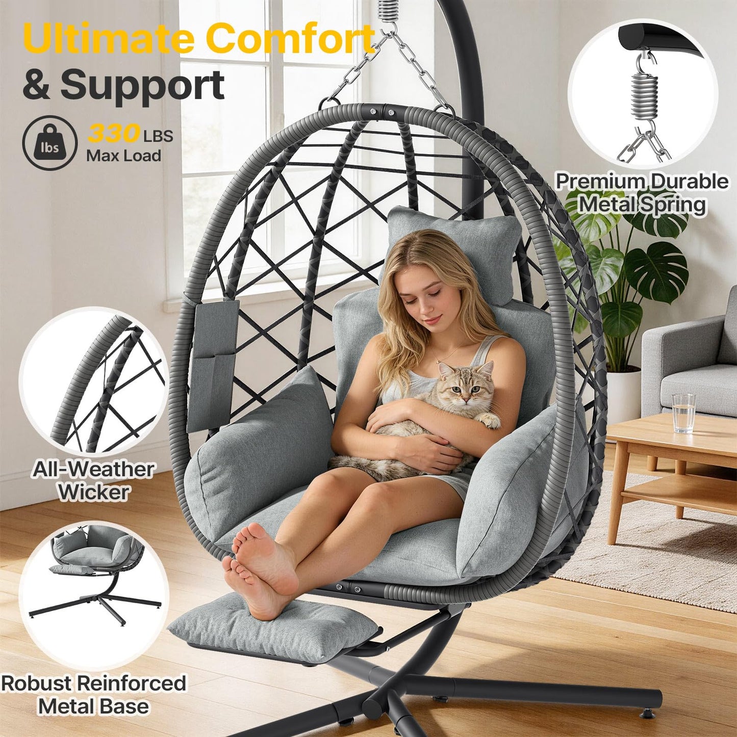 Suteck Hanging Egg Chair with Adjustable Footrest & Stand, Indoor Outdoor Wicker Egg Swing Chair with Cushion, 330lbs Capacity for Patio, Bedroom, Garden - Grey