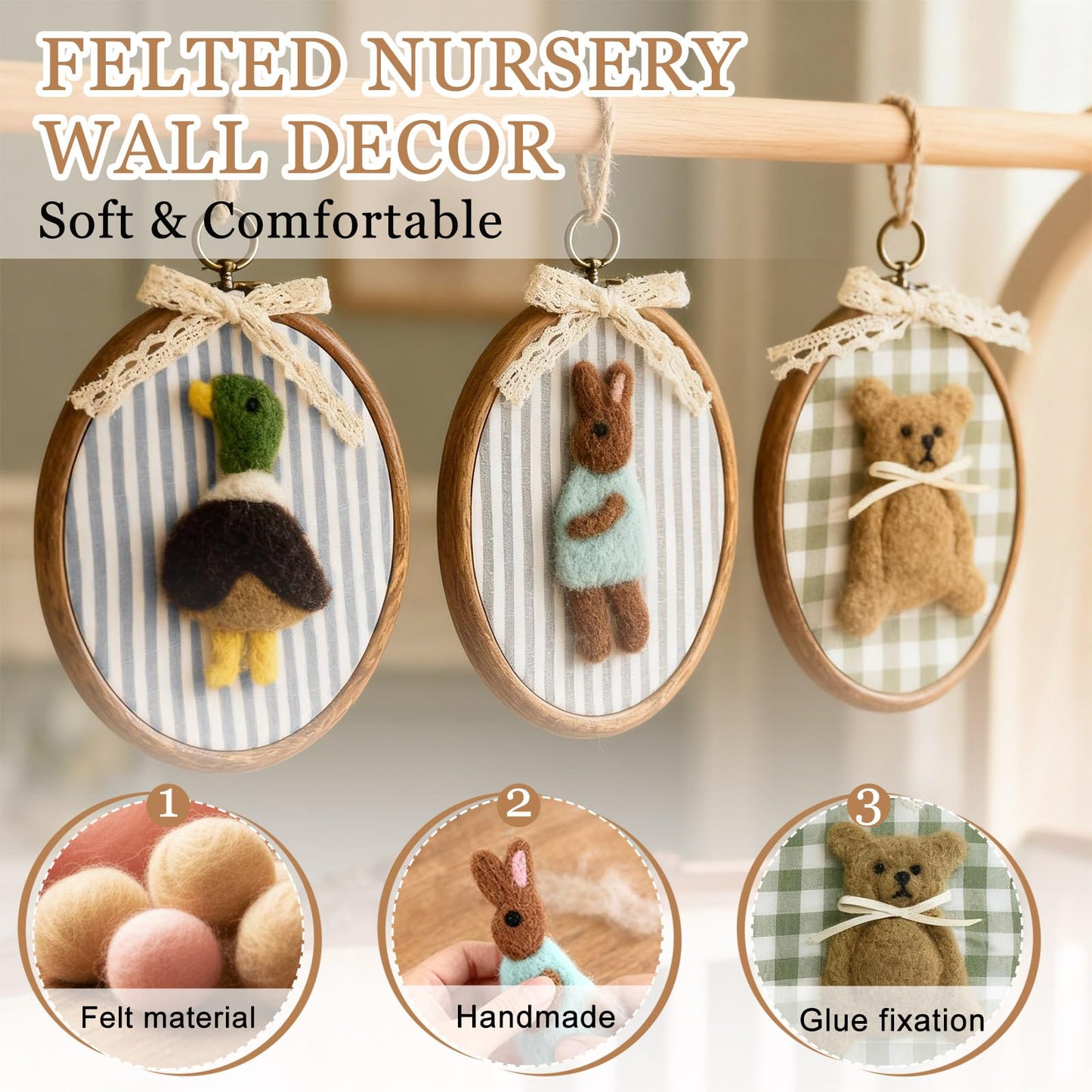 Soulchen 3 Pcs 5 x 6 Inch Felted Nursery Wall Decor with Bear Rabbit Mallard Cute Animal Wall Art Decorative Artwork for Nursery Bathroom Living Room Baby Room Bedroom Farmhouse Decoration